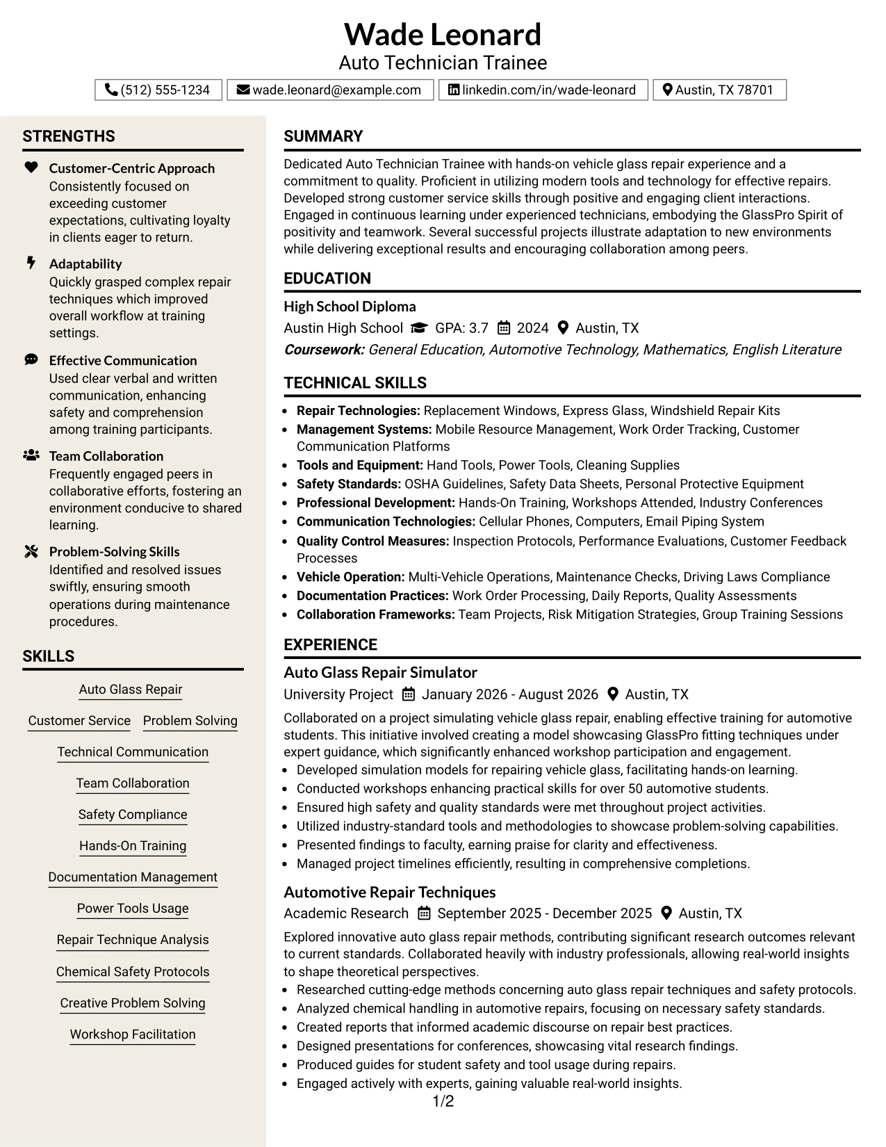 Resume Example Page 1