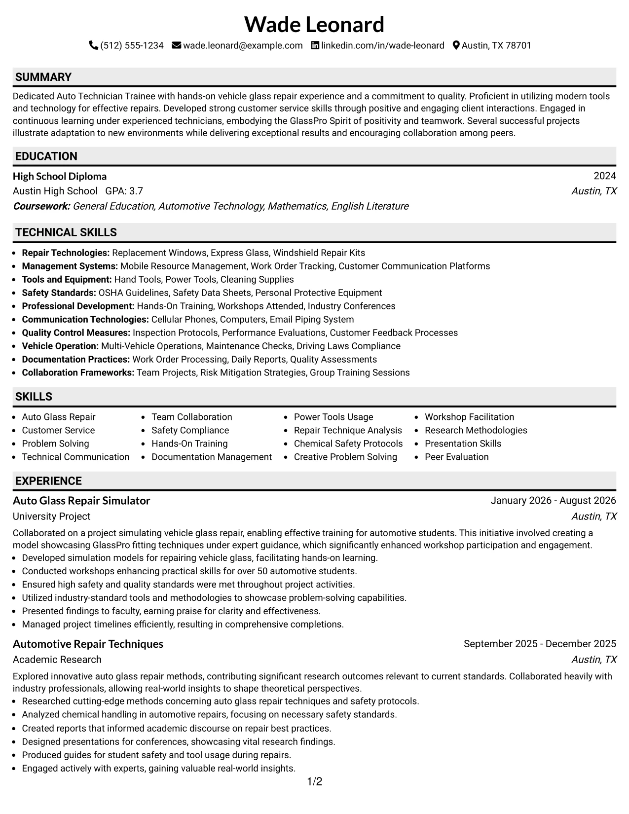 Resume Example Page 1