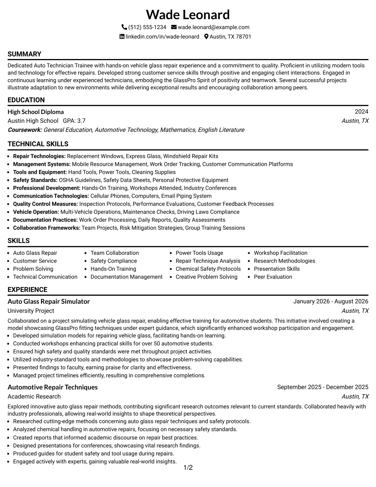 Resume Example Page 1