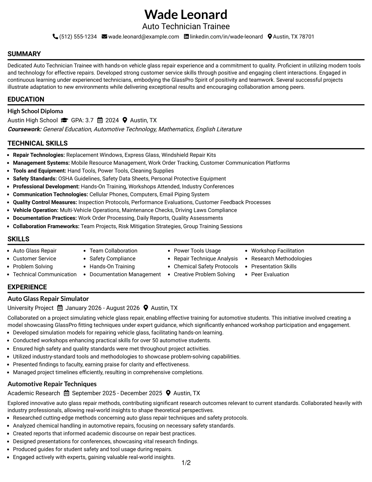Resume Example Page 1
