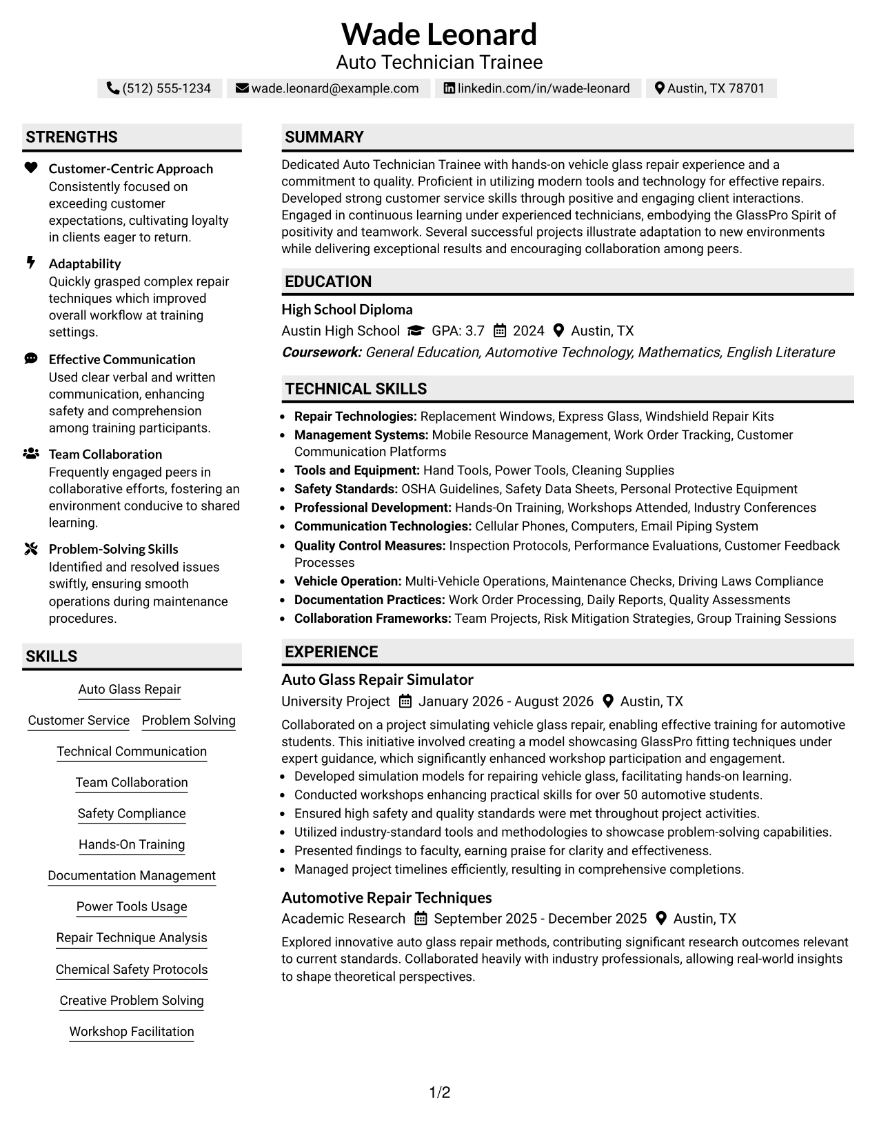 Resume Example Page 1