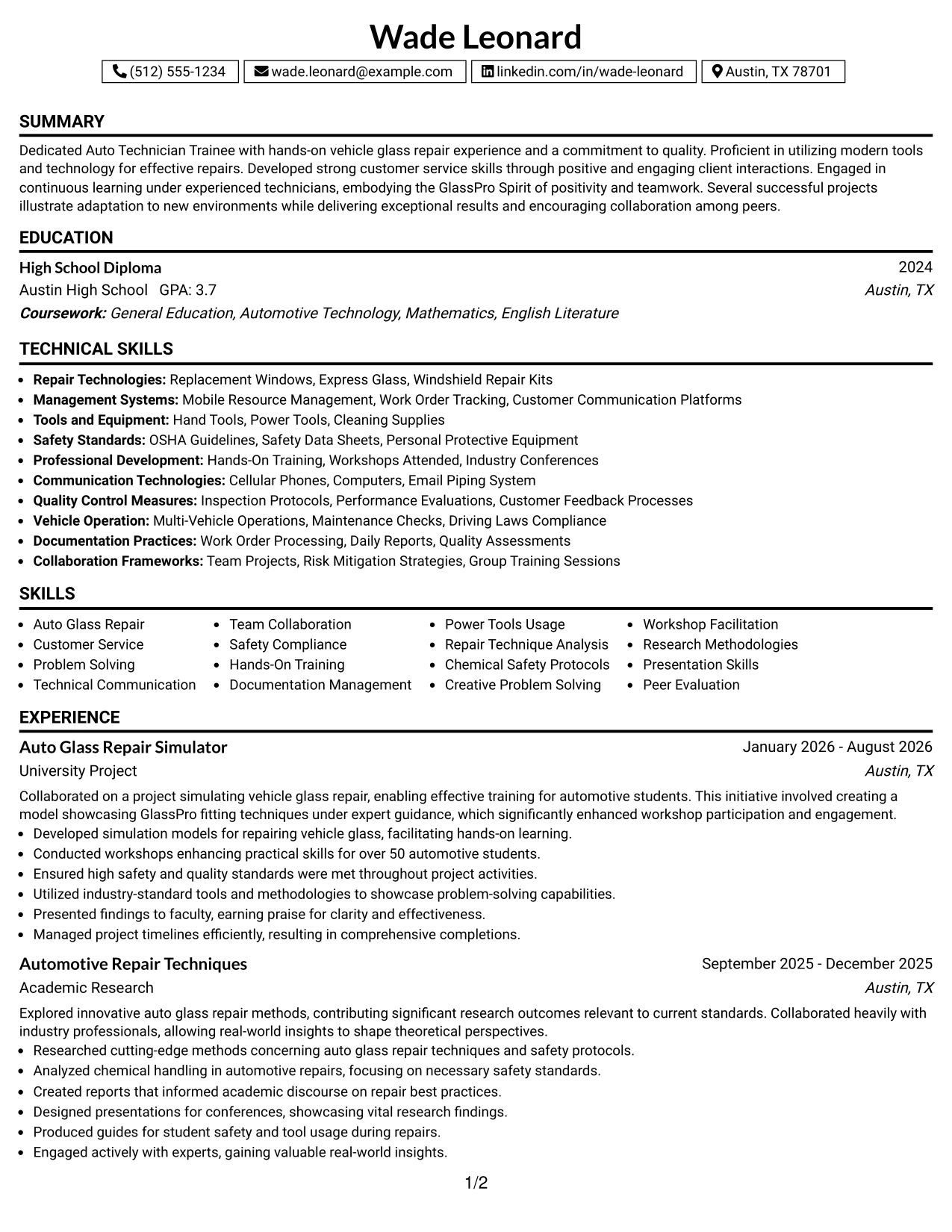 Resume Example Page 1