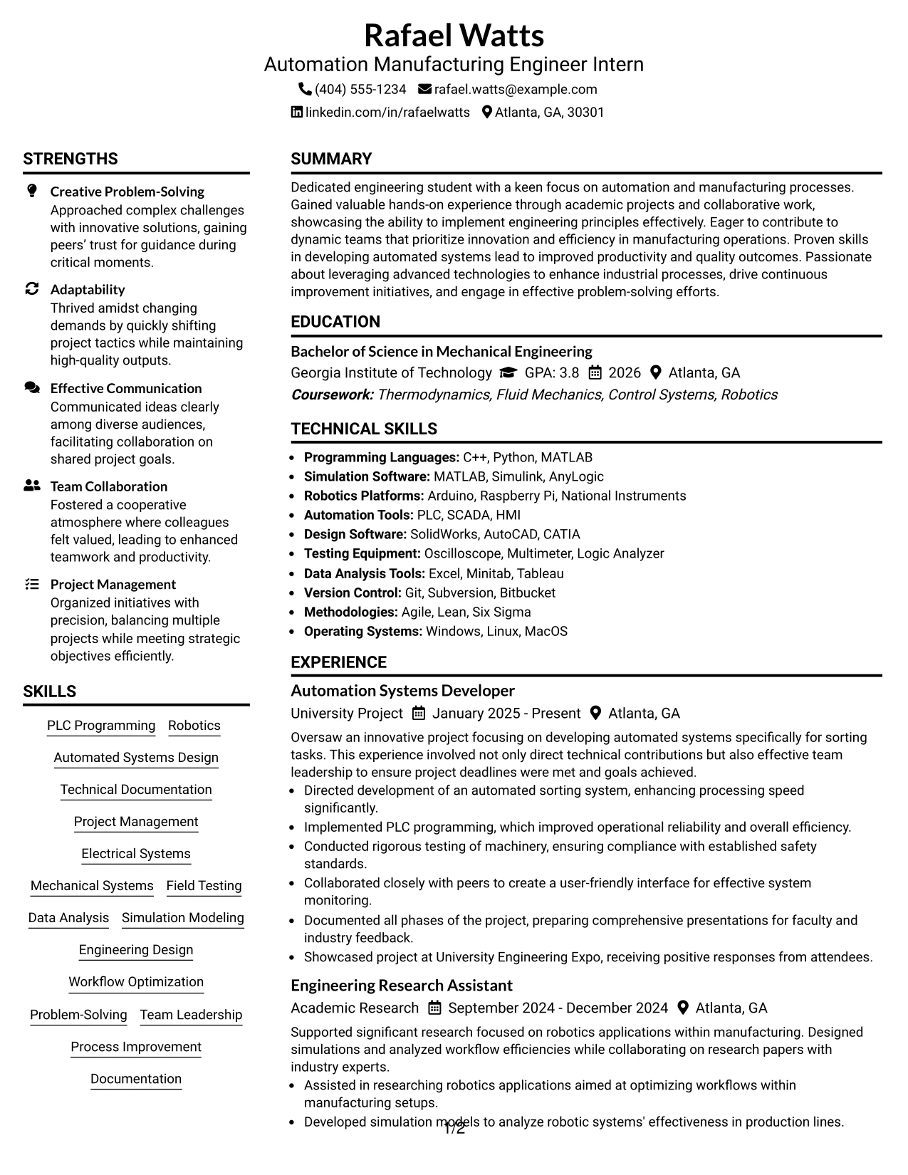 Resume Example Page 1