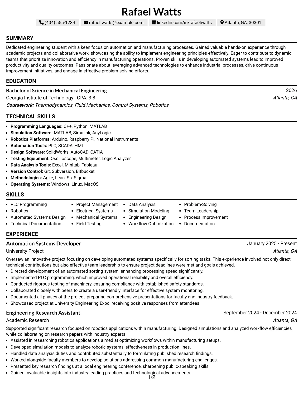 Resume Example Page 1