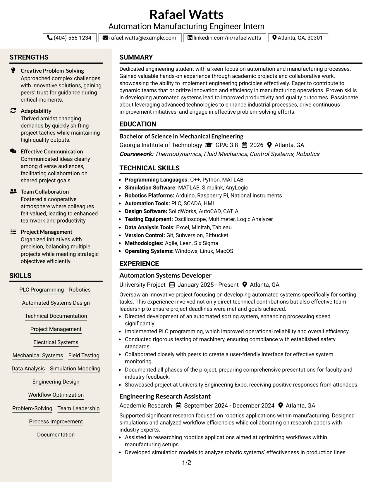 Resume Example Page 1
