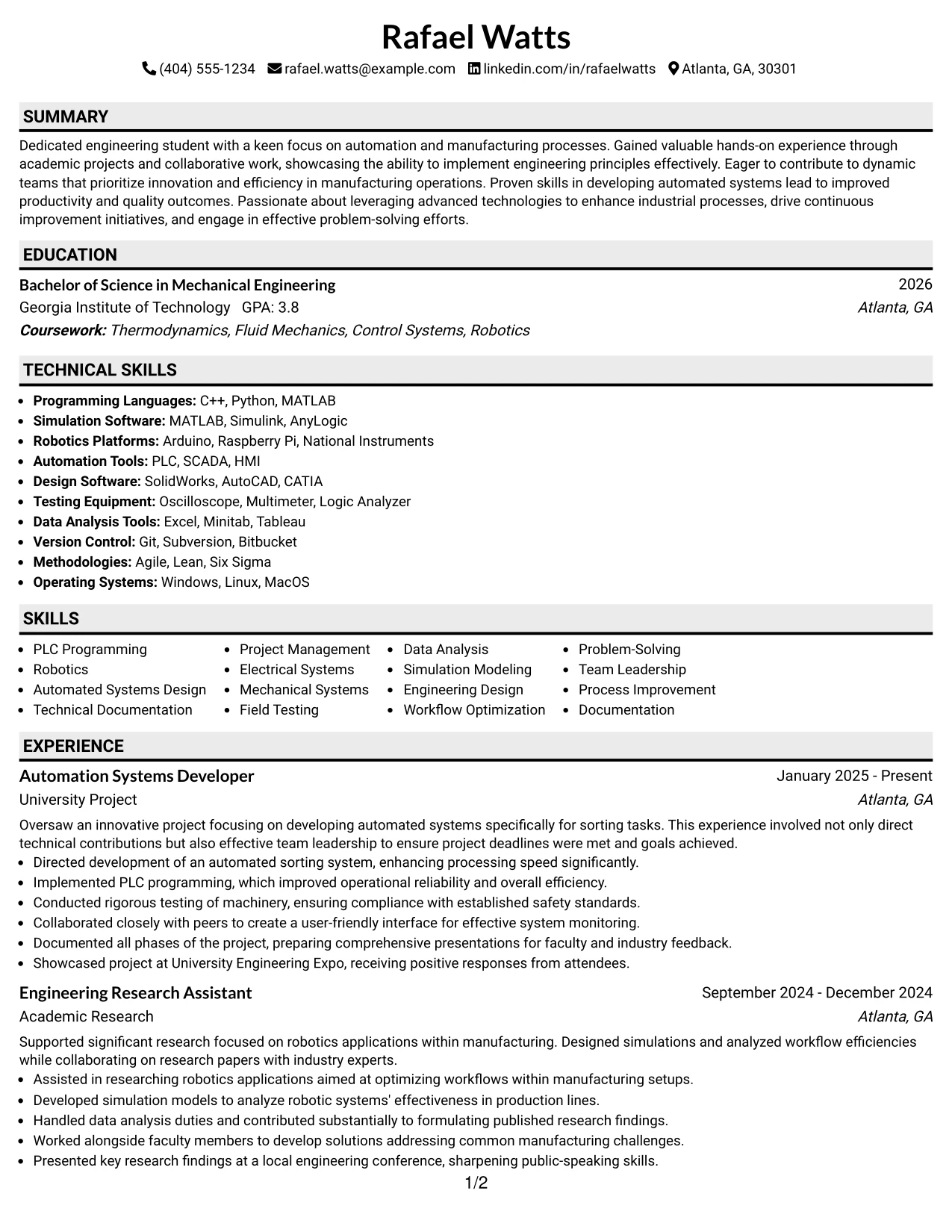 Resume Example Page 1