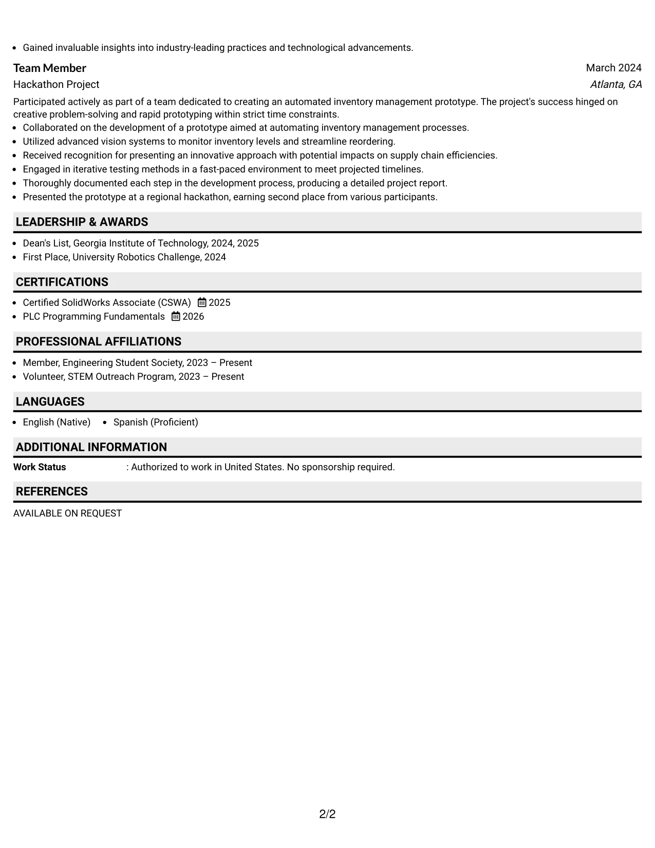 Resume Example Page 2