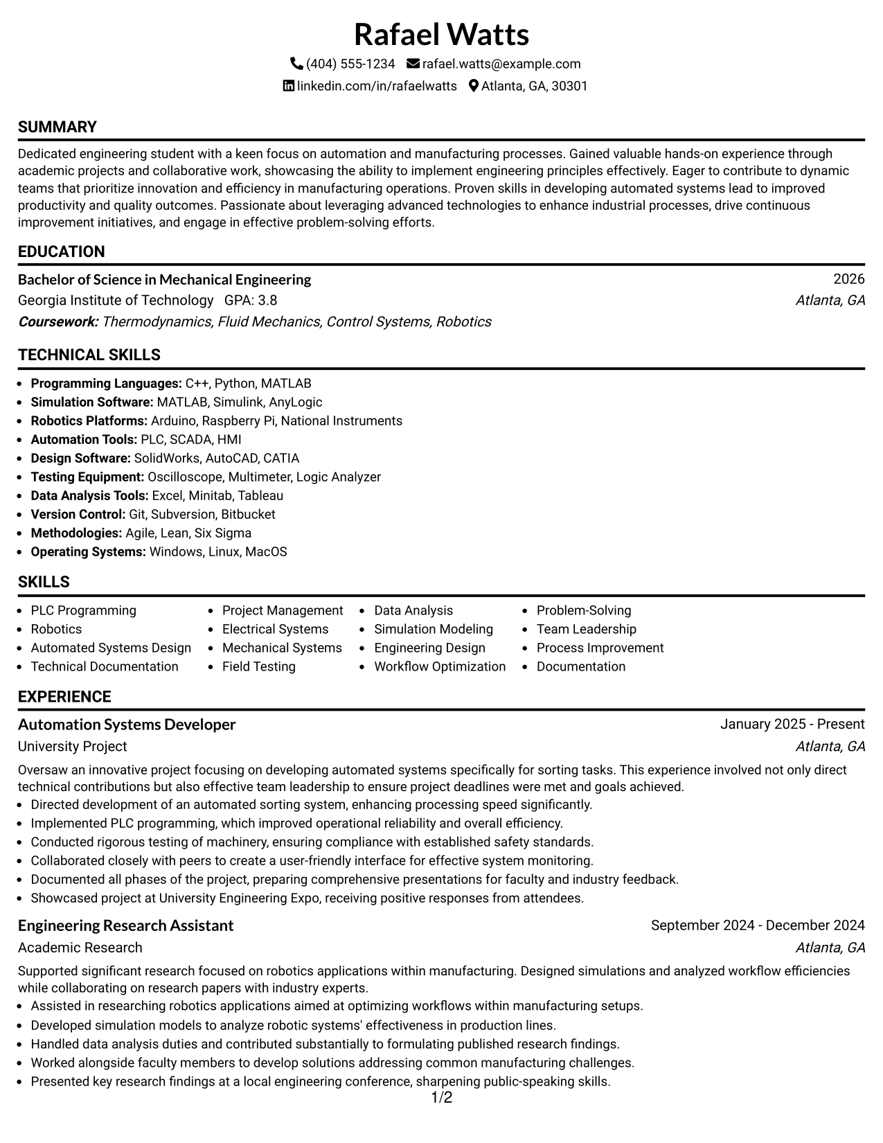 Resume Example Page 1