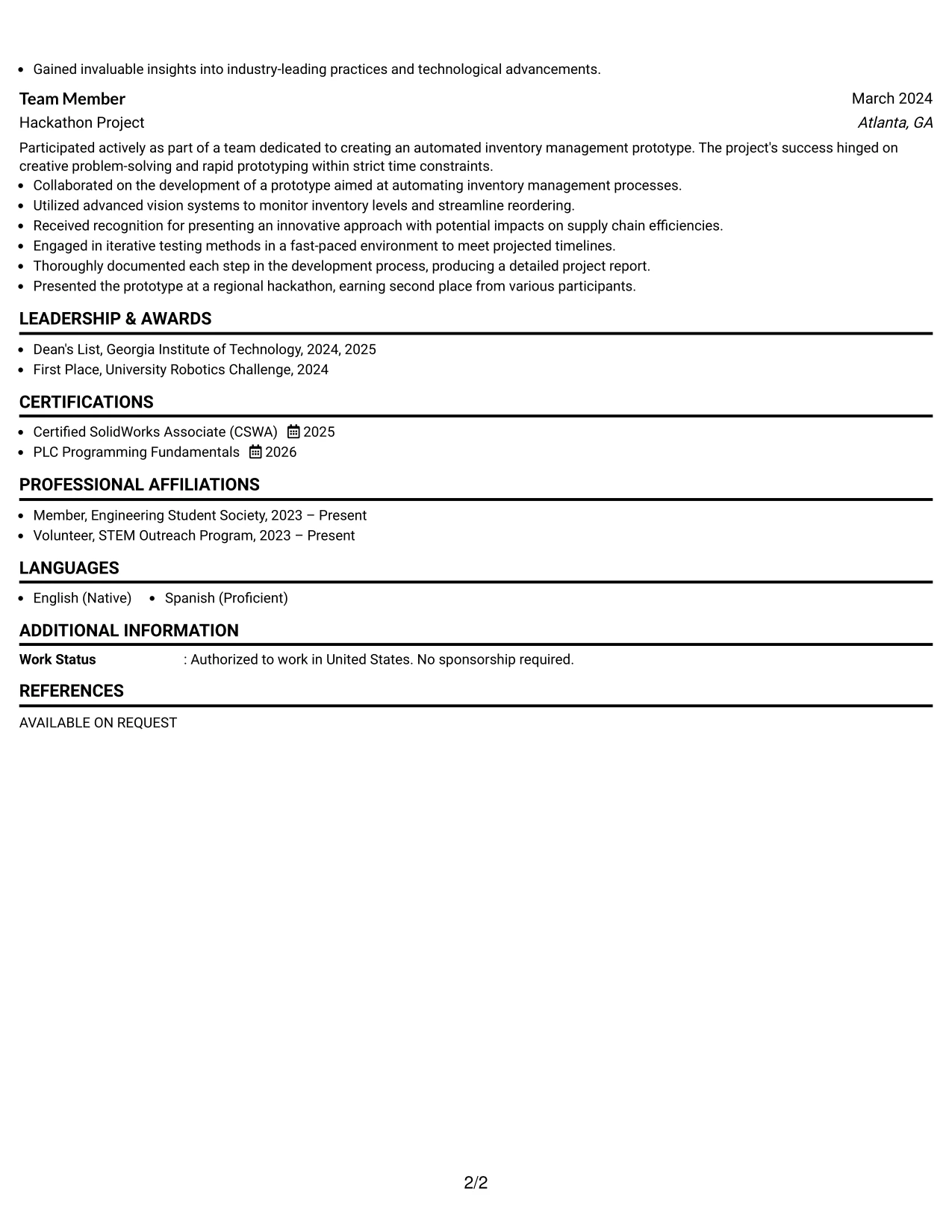 Resume Example Page 2