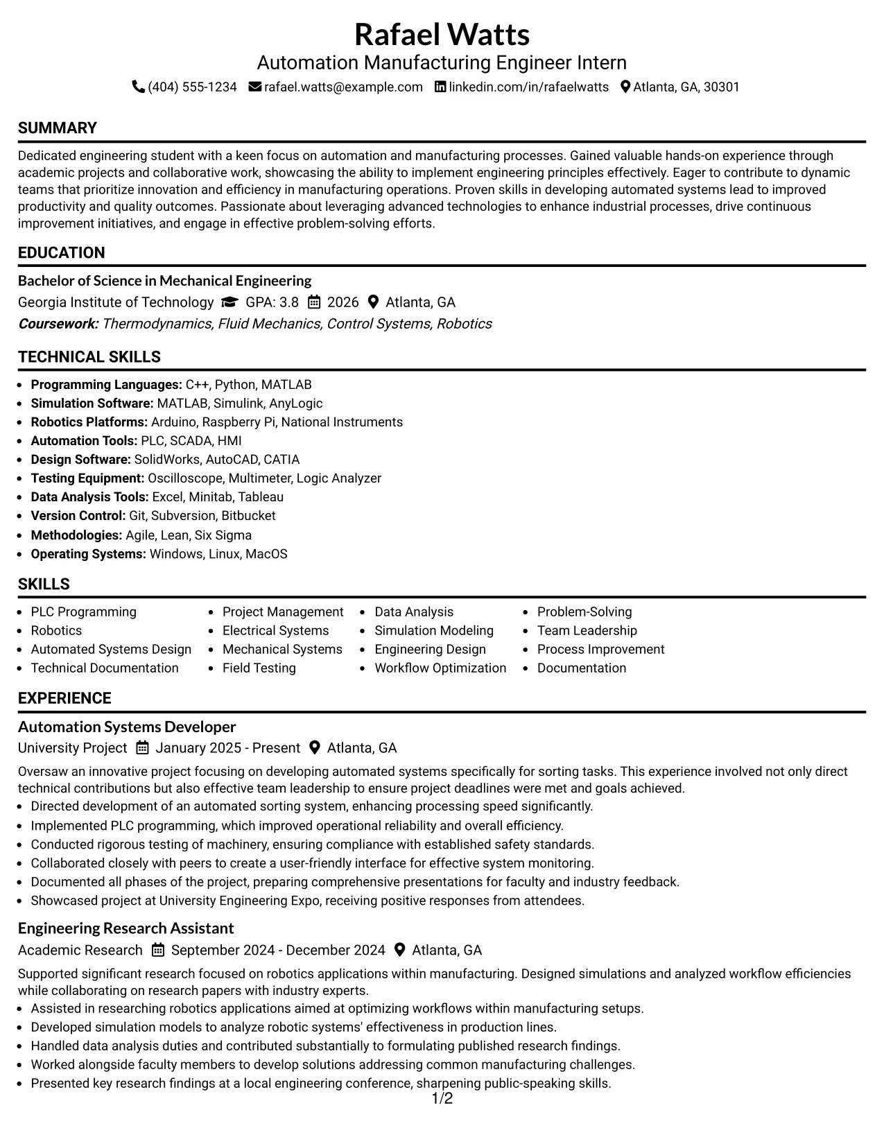 Resume Example Page 1