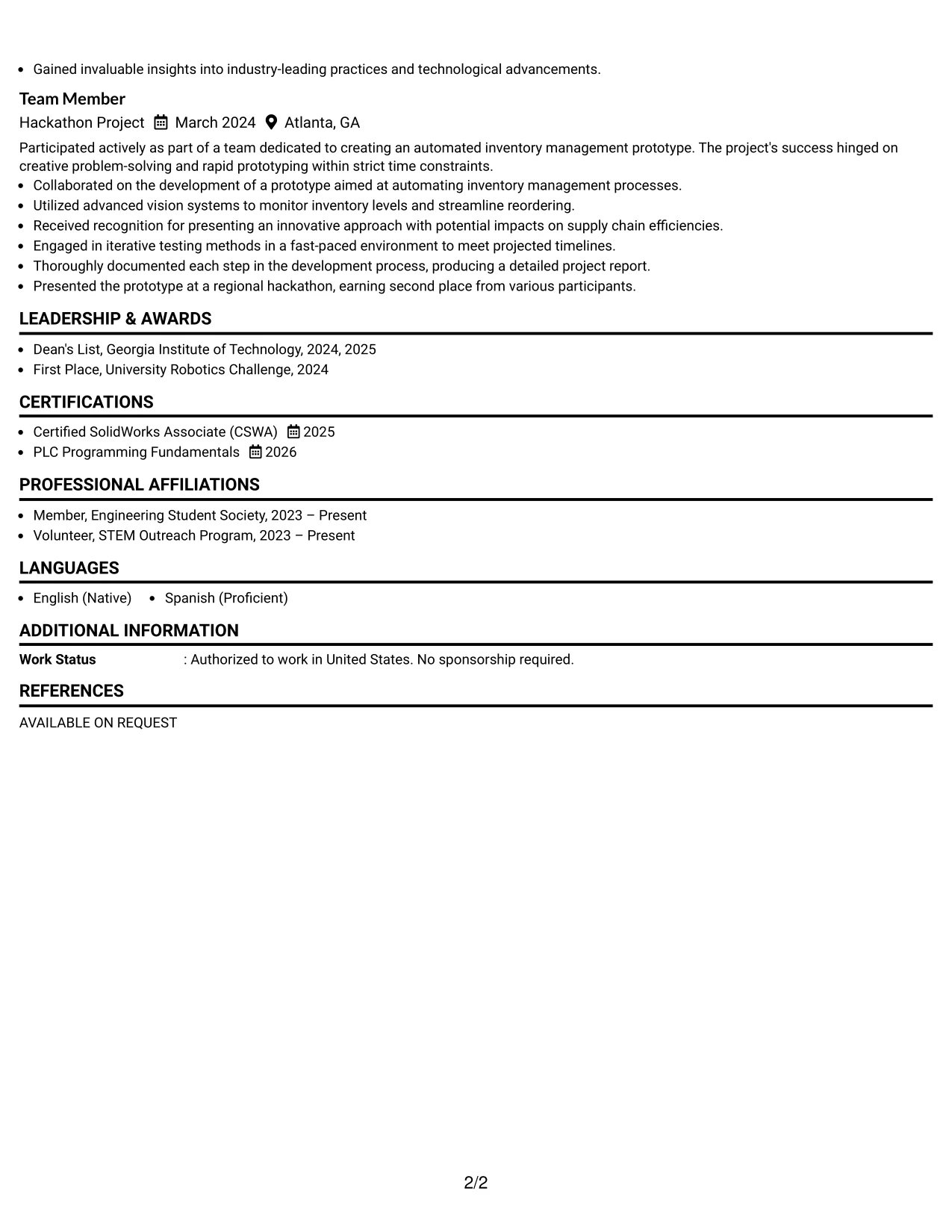 Resume Example Page 2