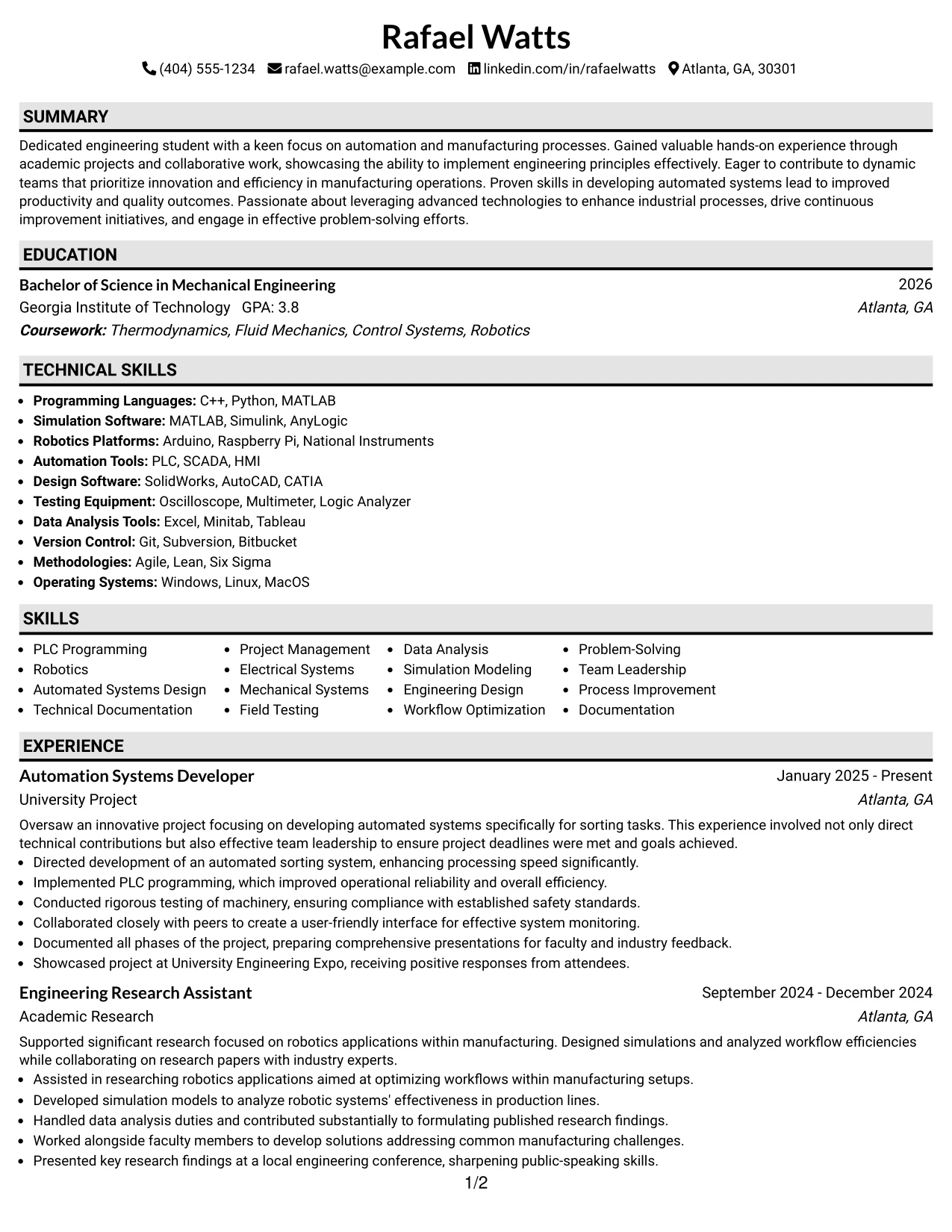 Resume Example Page 1