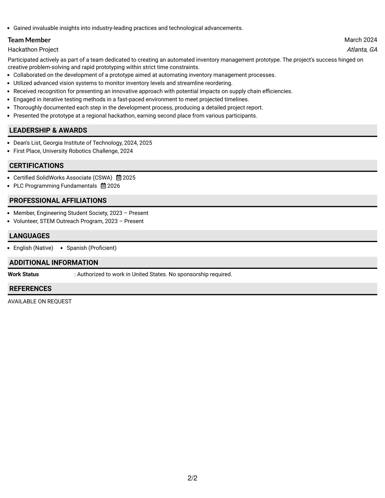 Resume Example Page 2