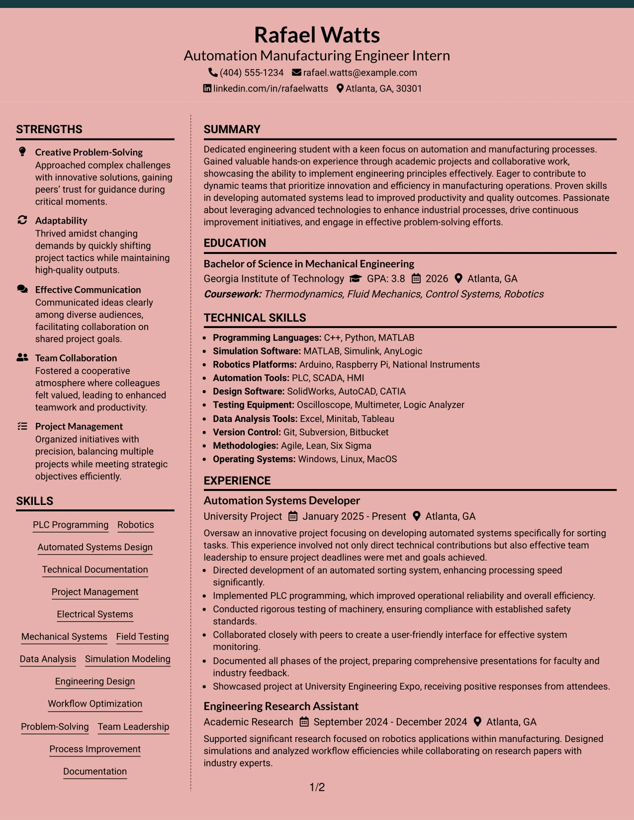 Resume Example Page 1
