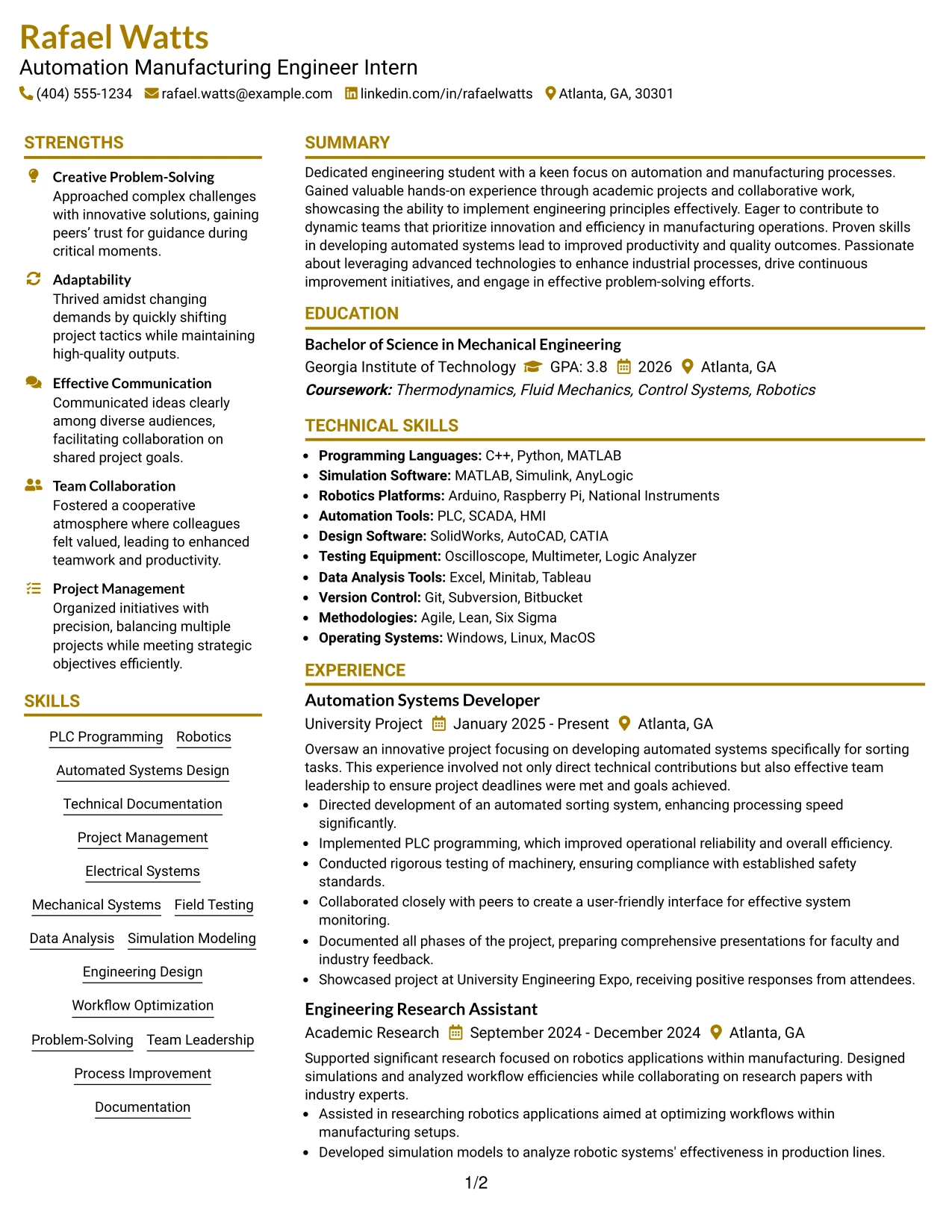 Resume Example Page 1
