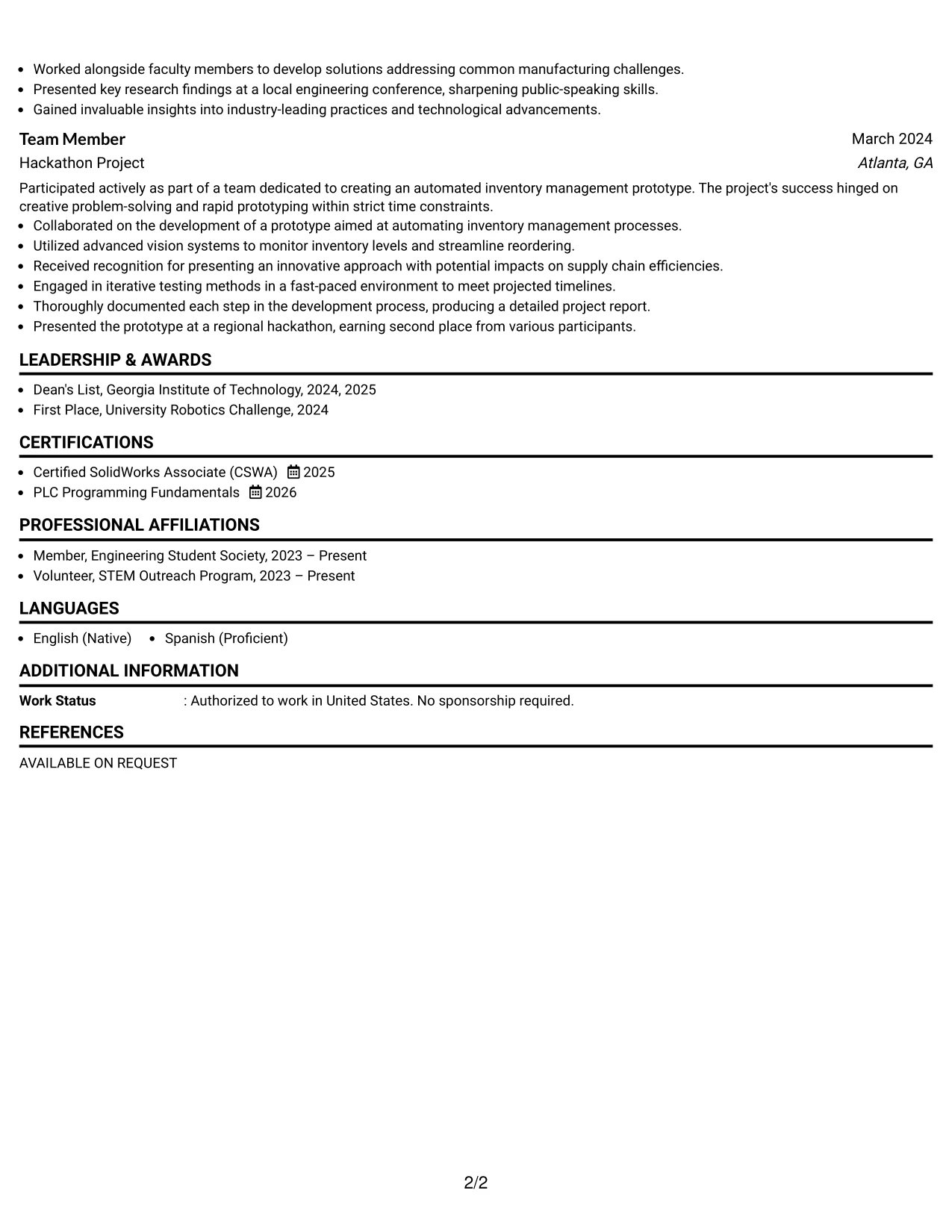 Resume Example Page 2