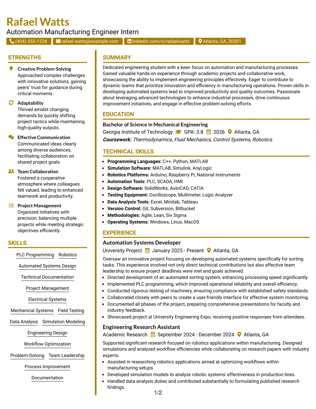 Resume Example Page 1
