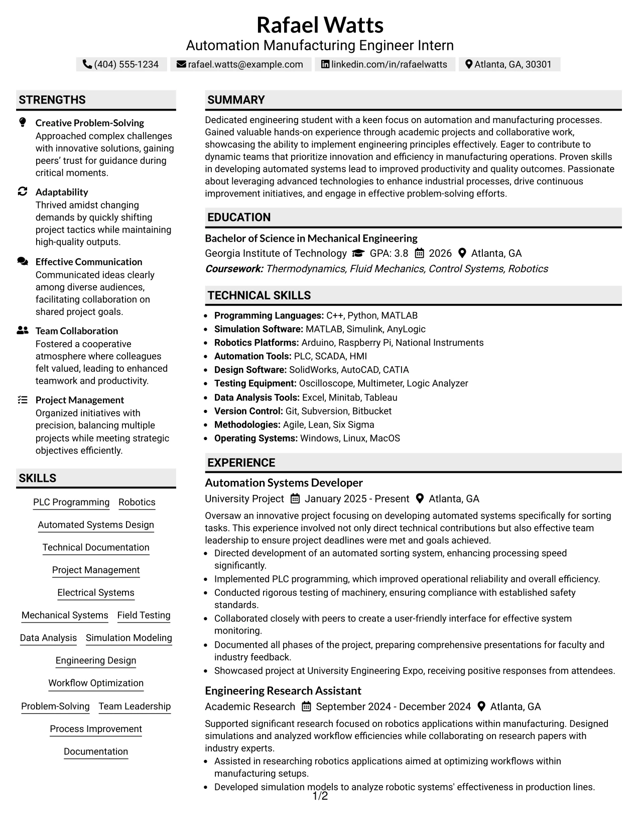 Resume Example Page 1