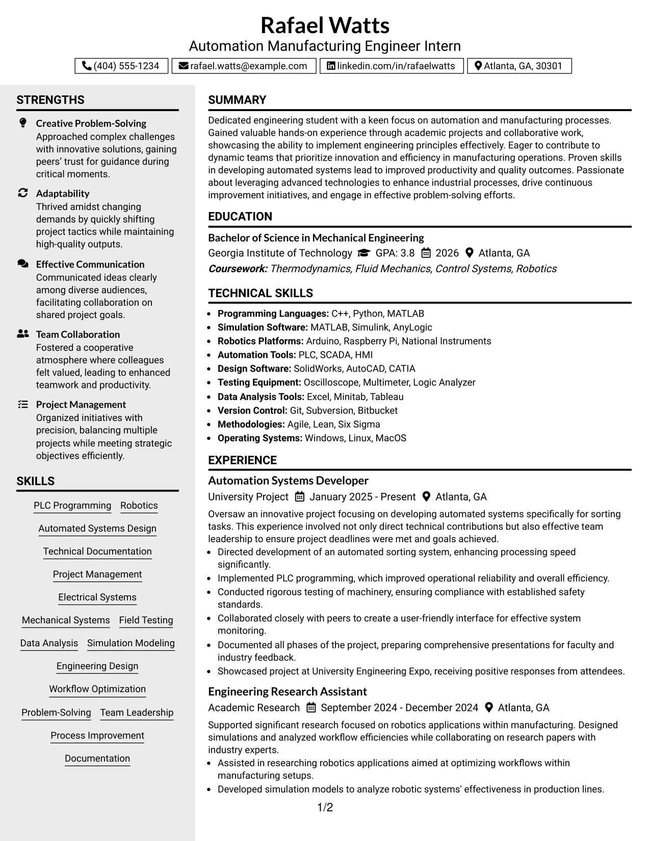 Resume Example Page 1