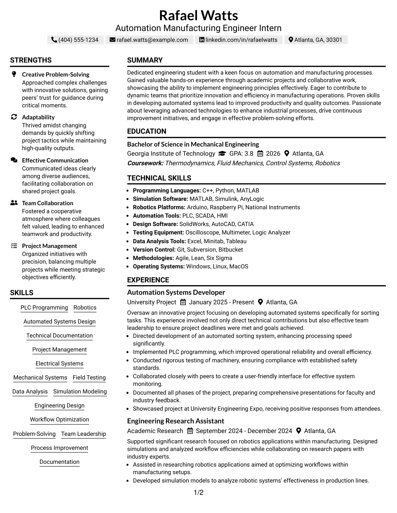 Resume Example Page 1