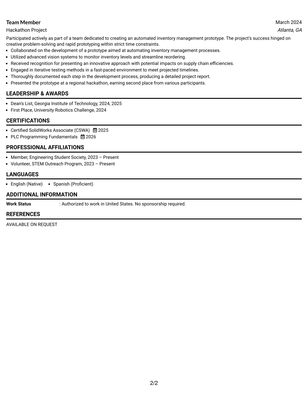 Resume Example Page 2