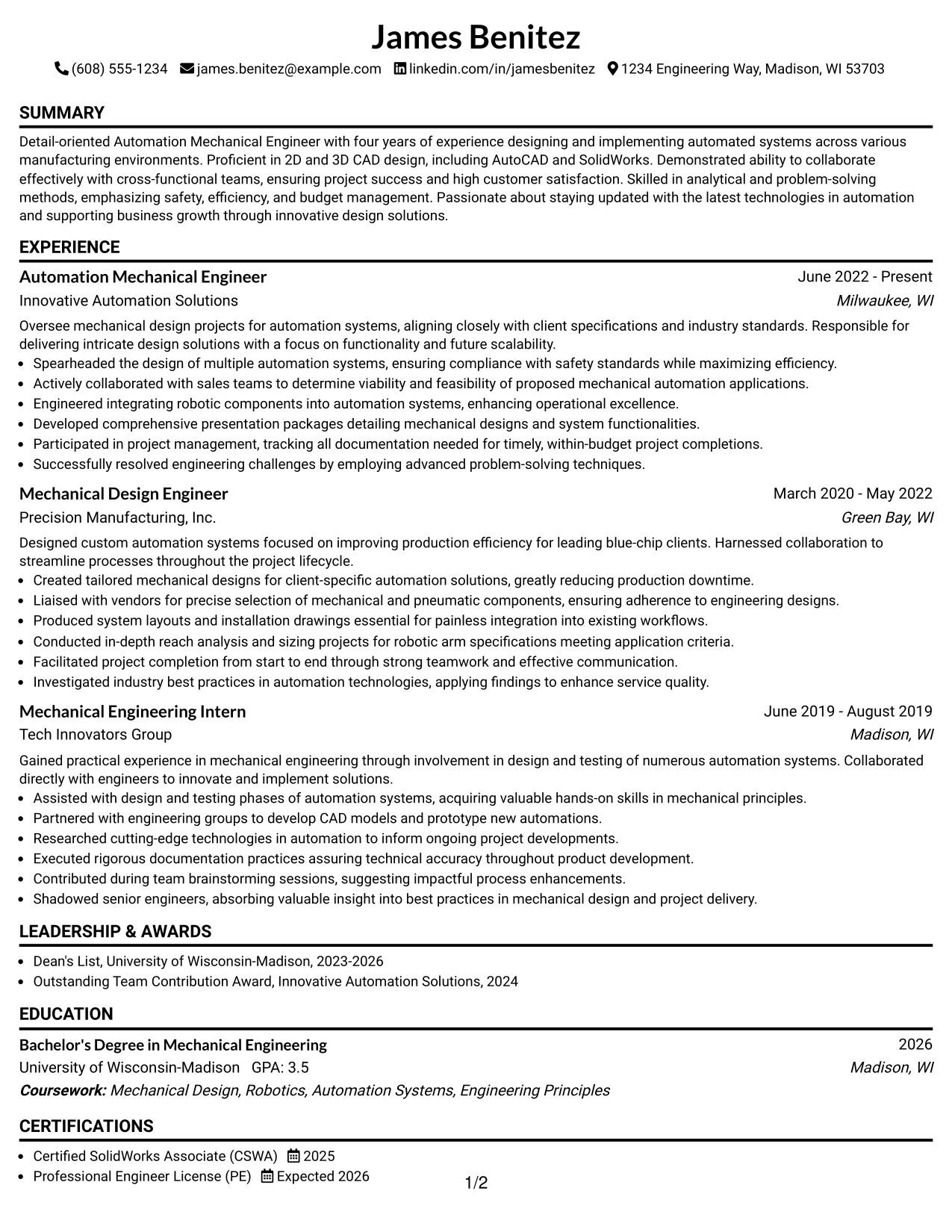Resume Example Page 1