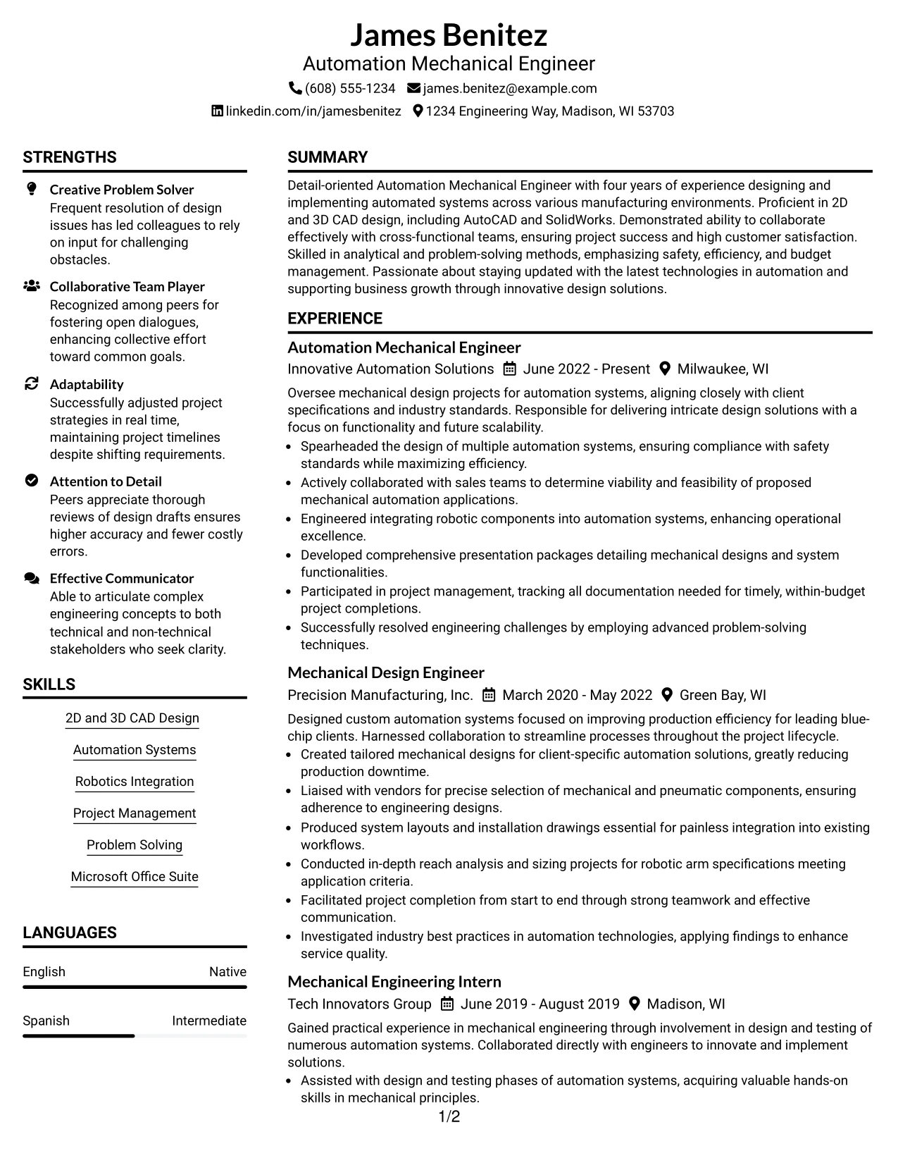 Resume Example Page 1