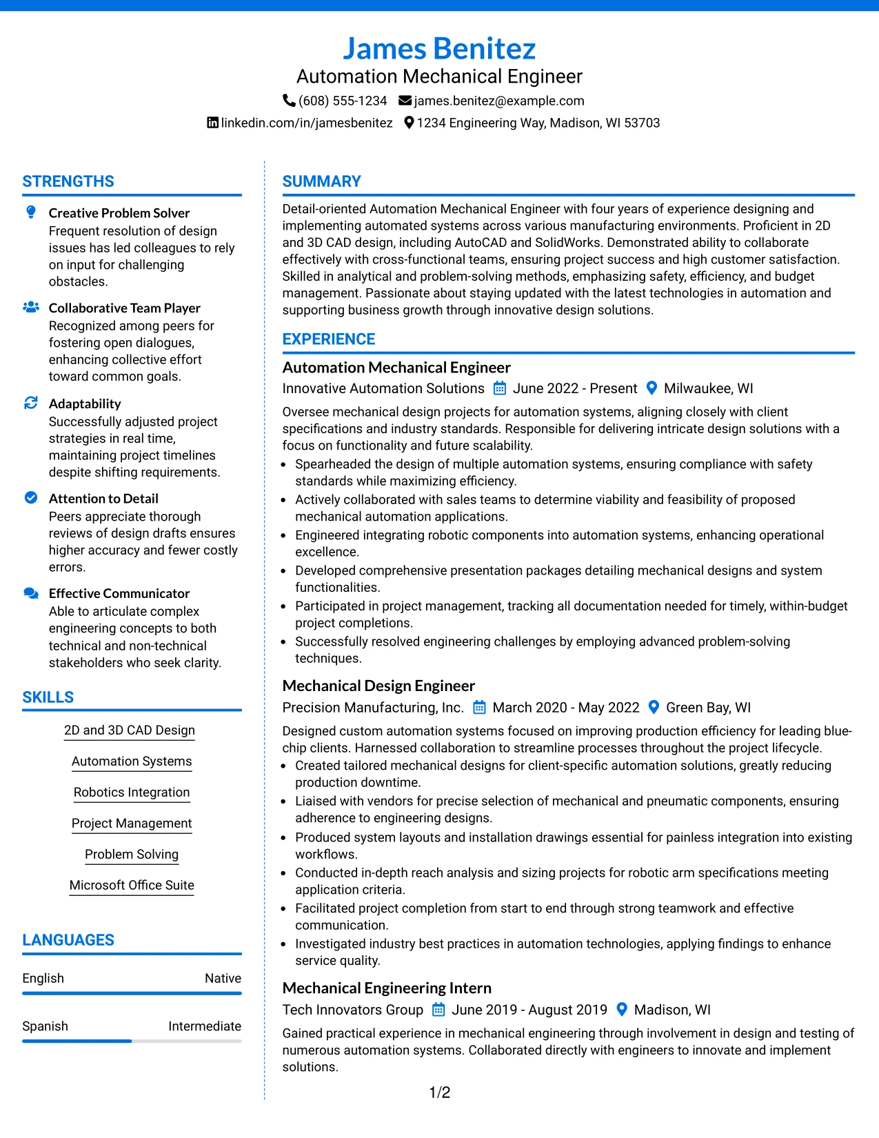 Resume Example Page 1