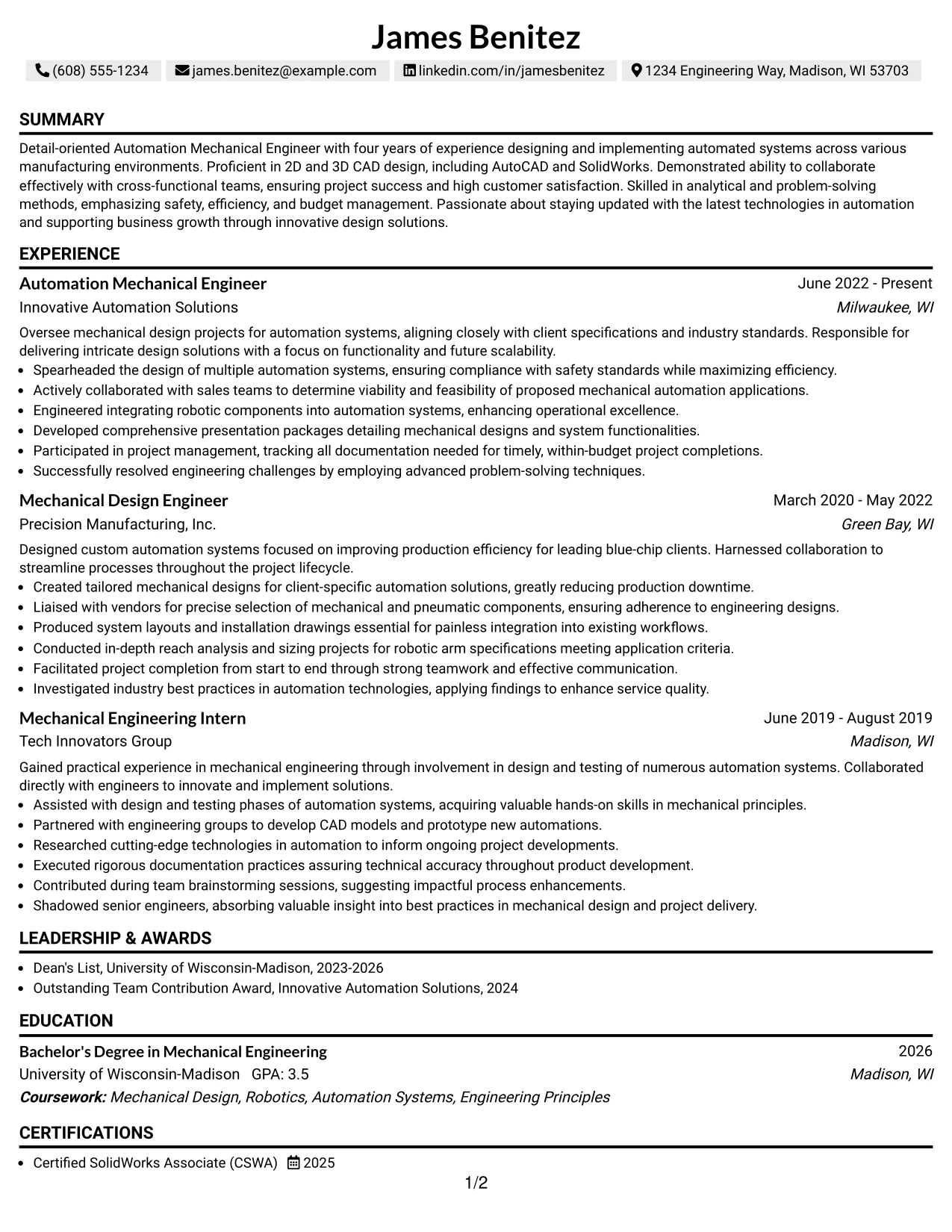 Resume Example Page 1