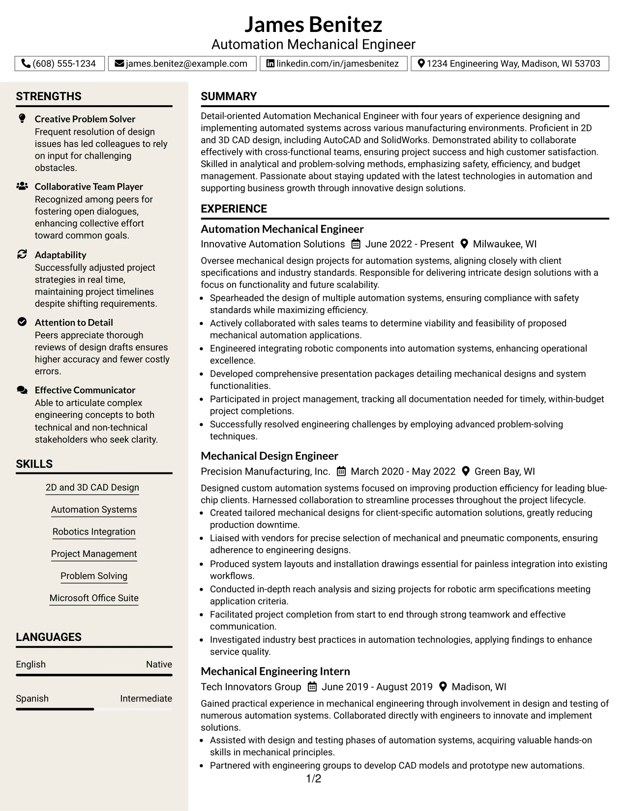 Resume Example Page 1
