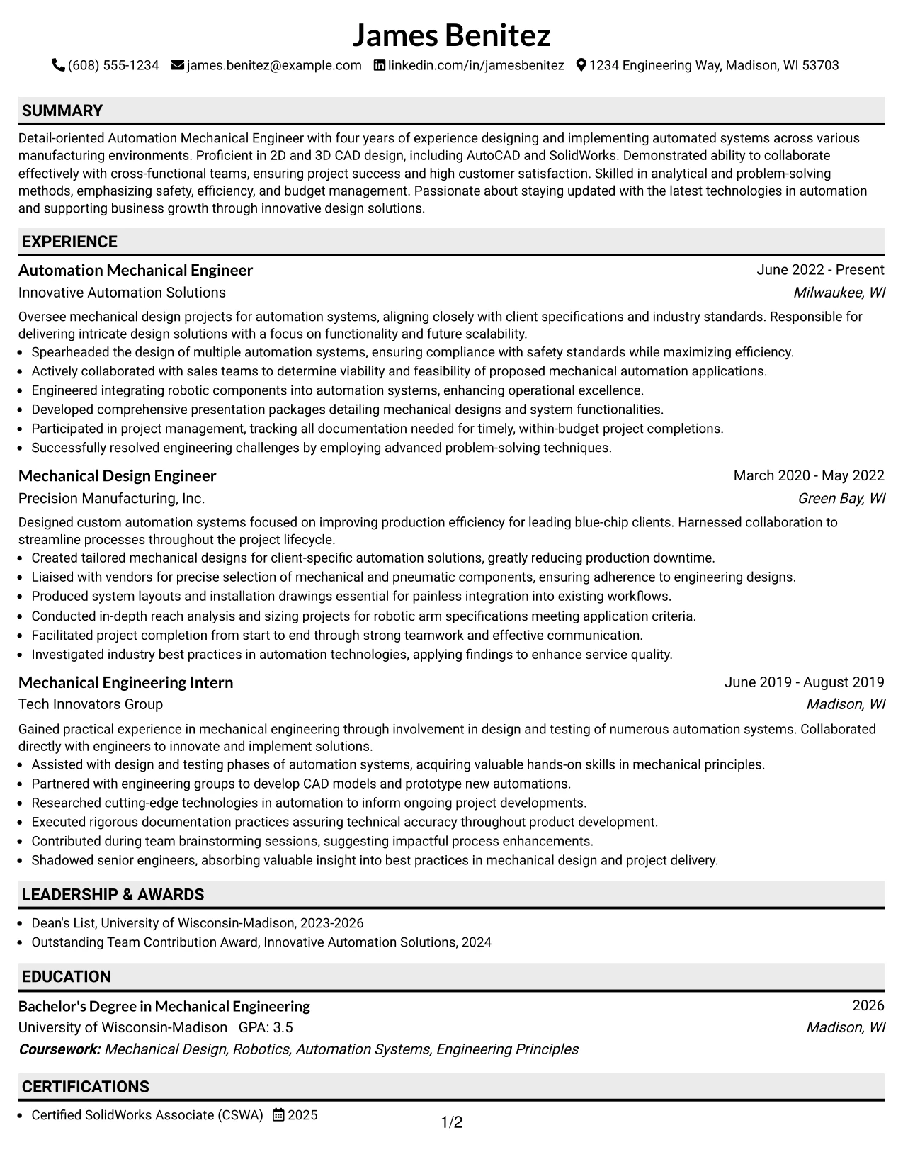 Resume Example Page 1