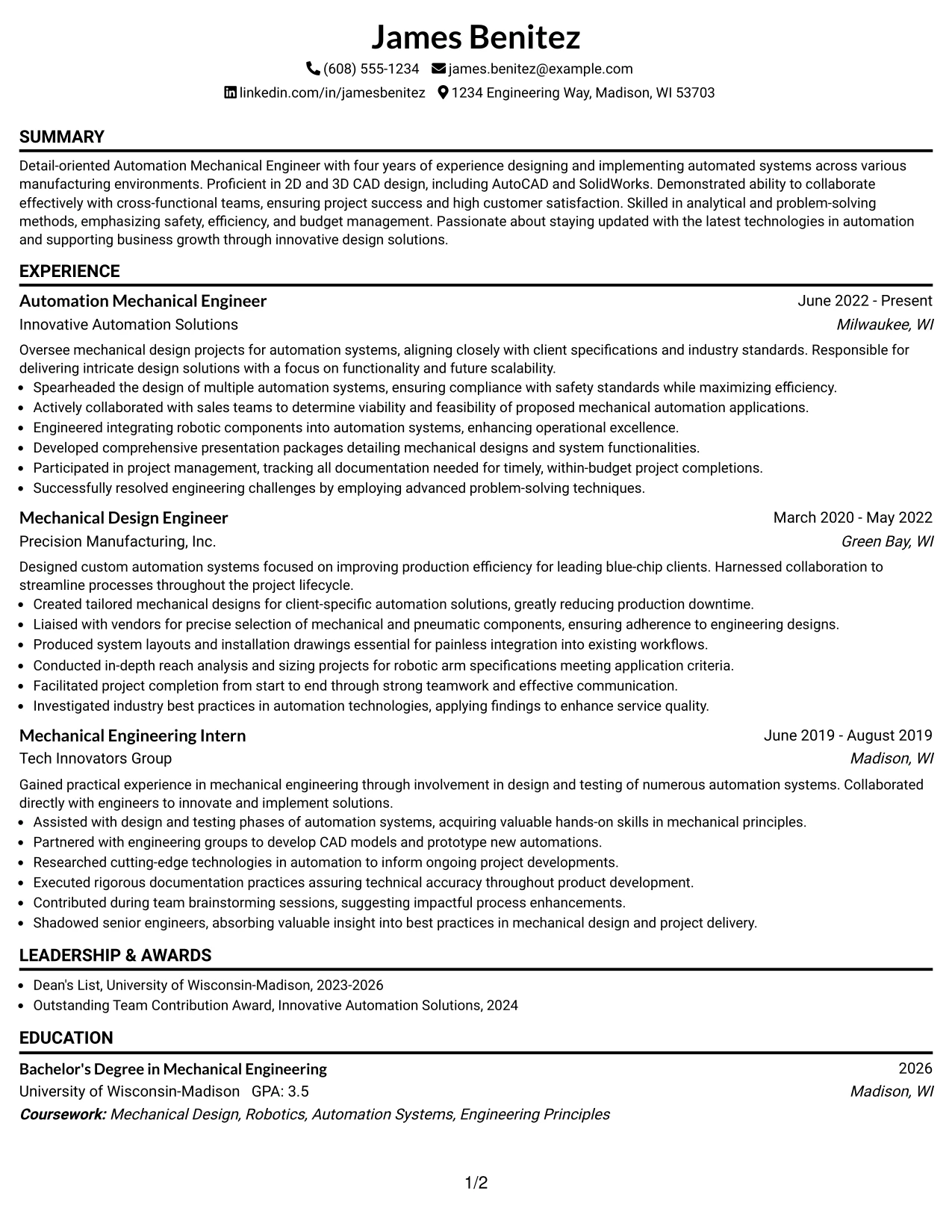 Resume Example Page 1