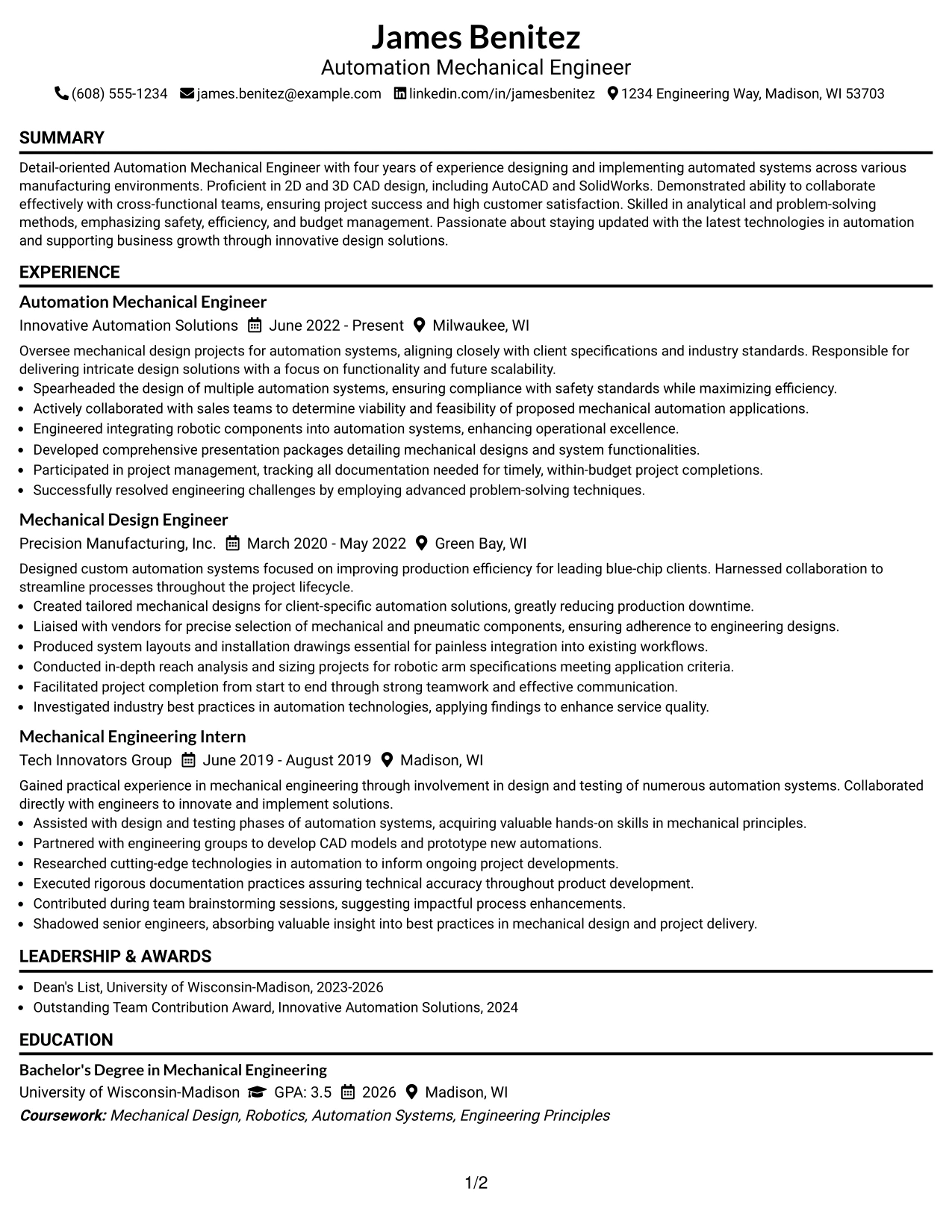 Resume Example Page 1