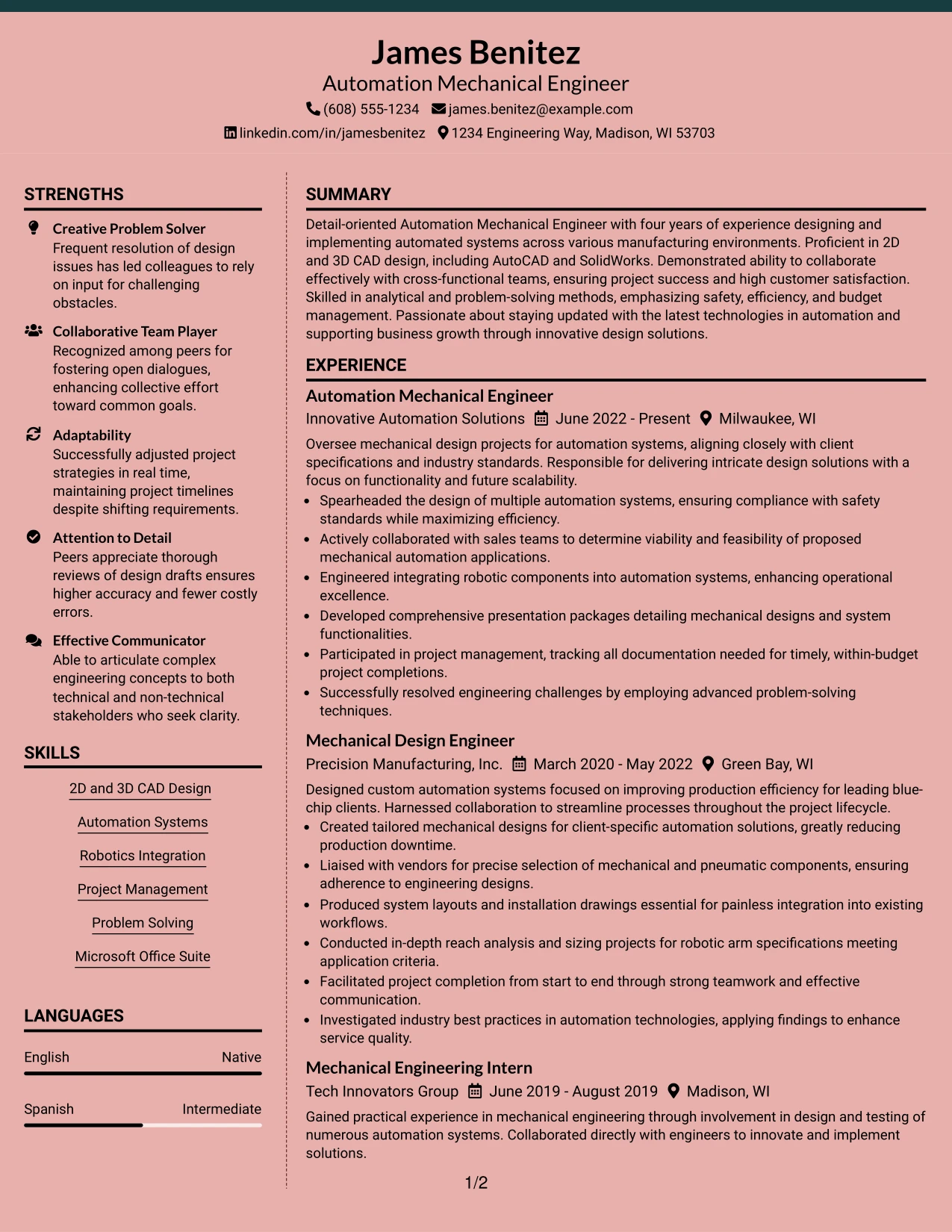 Resume Example Page 1