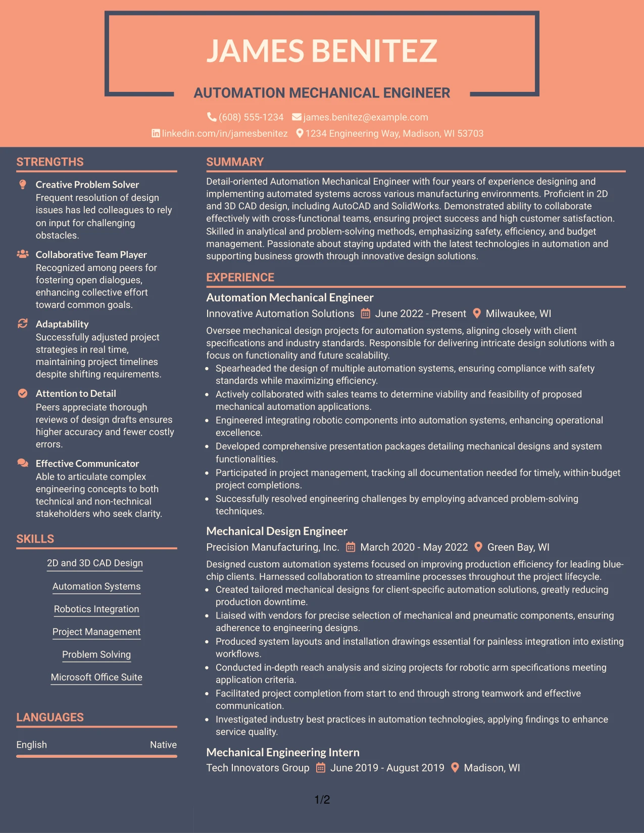 Resume Example Page 1