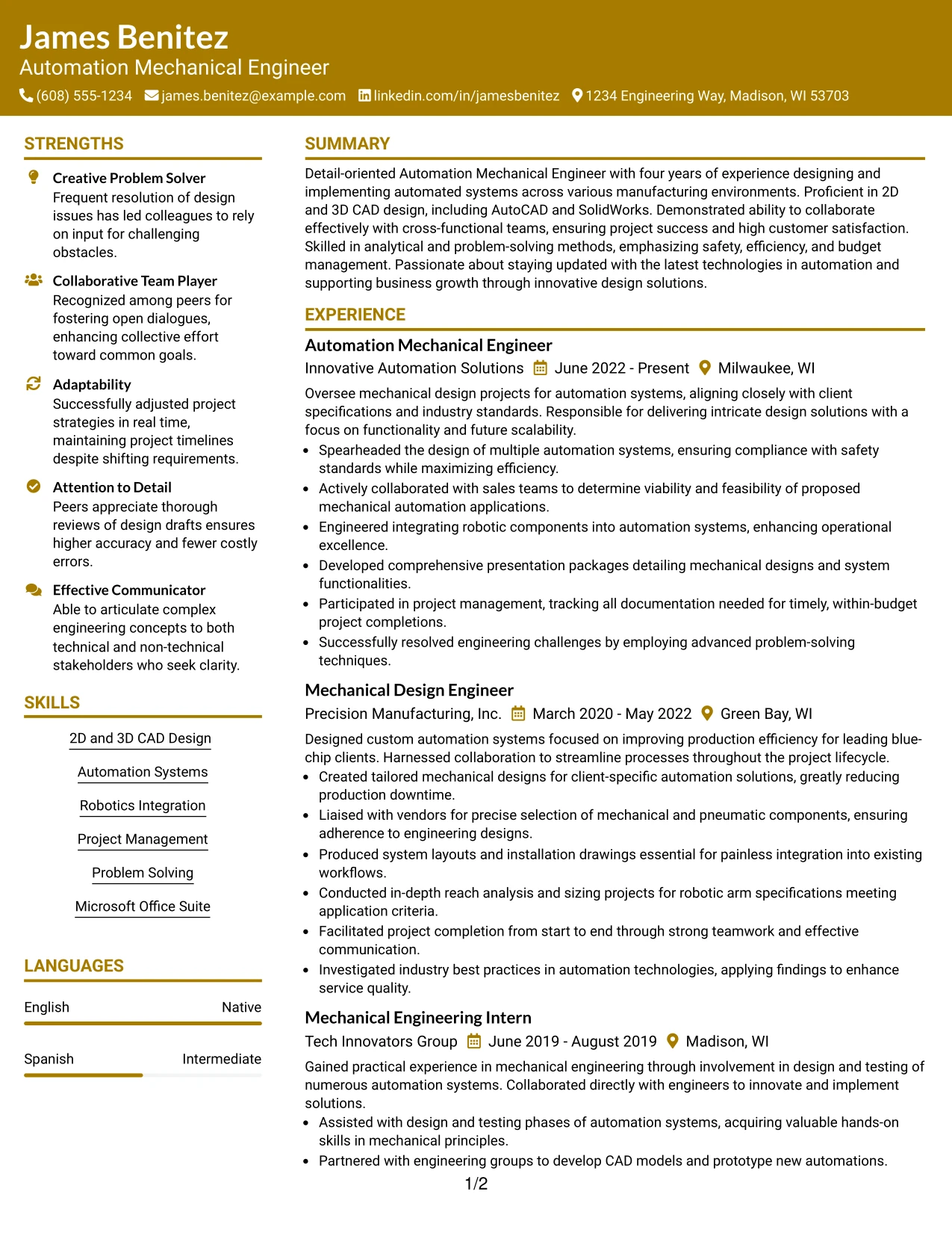 Resume Example Page 1