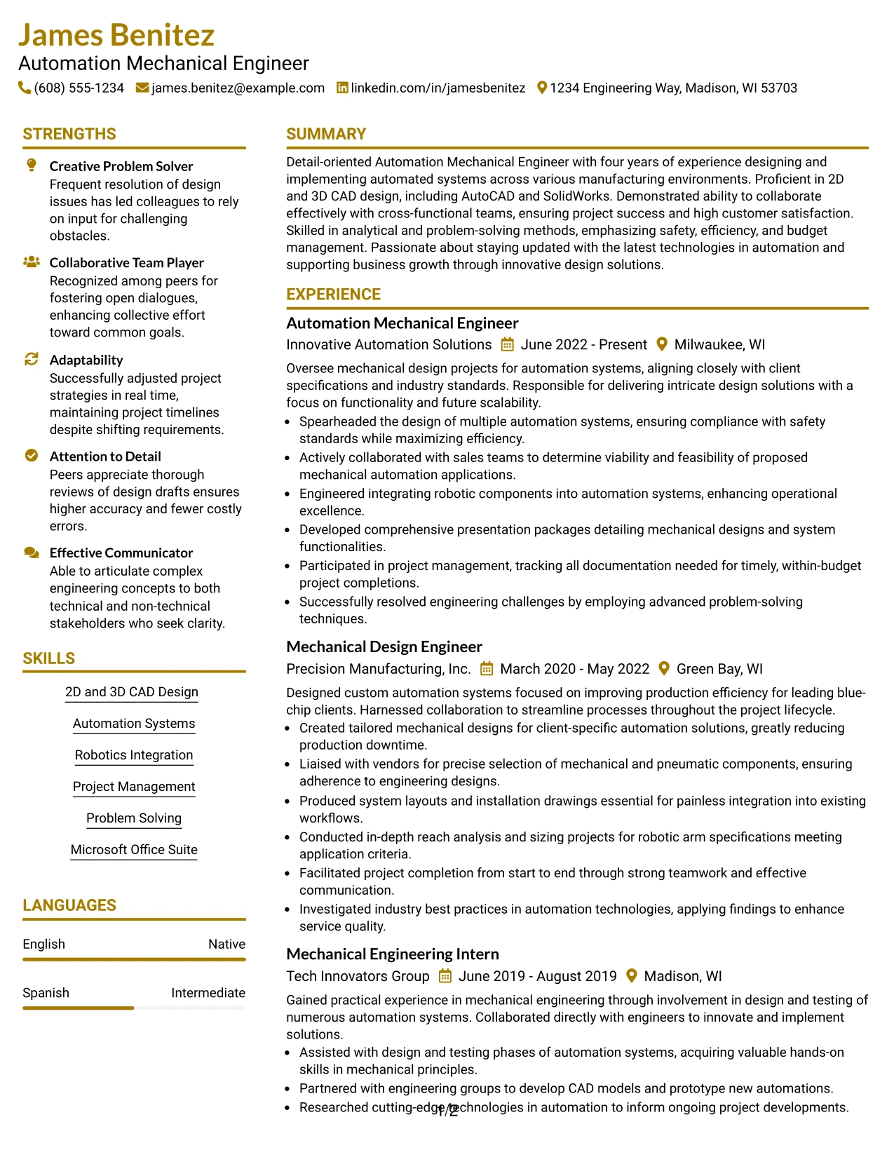 Resume Example Page 1