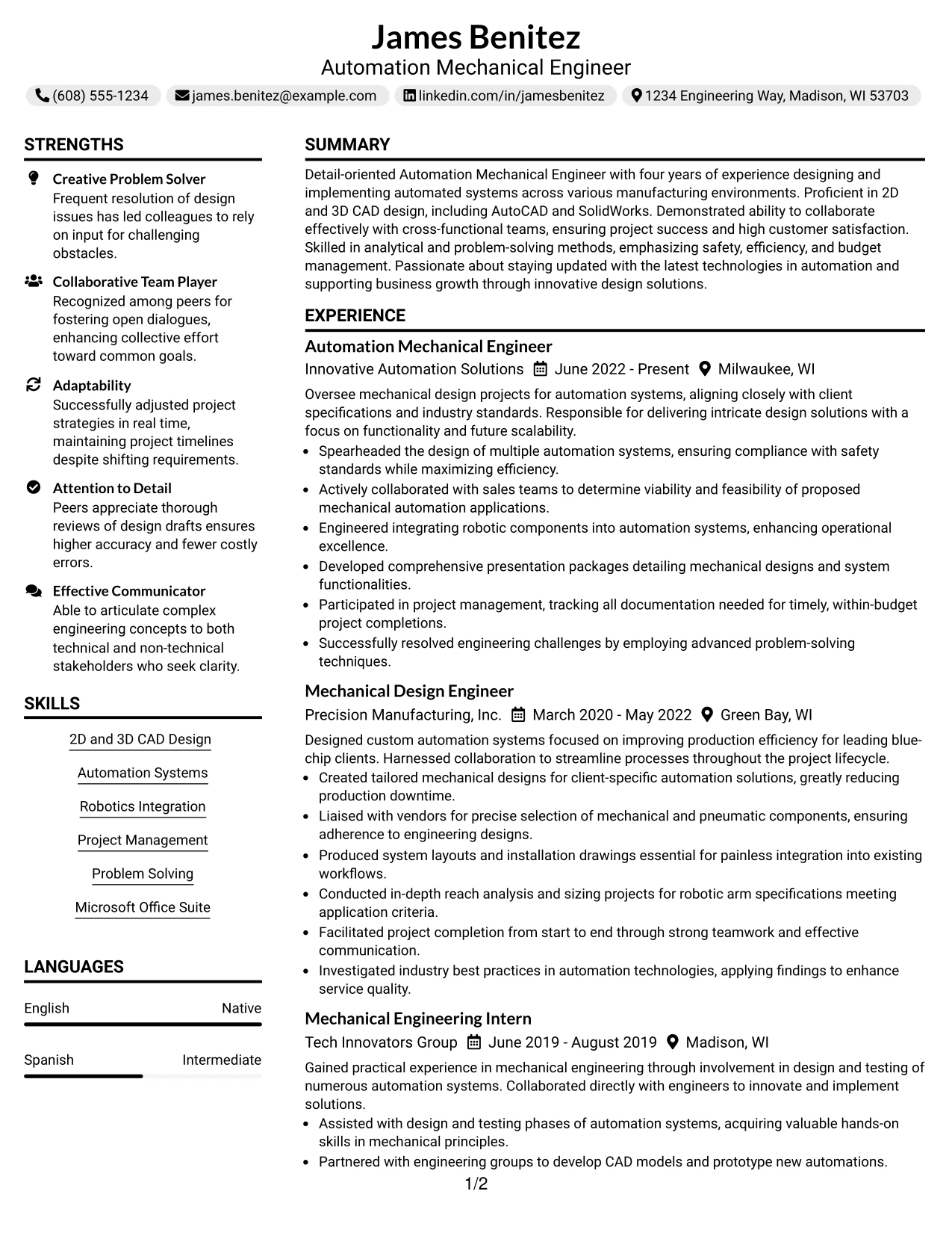 Resume Example Page 1
