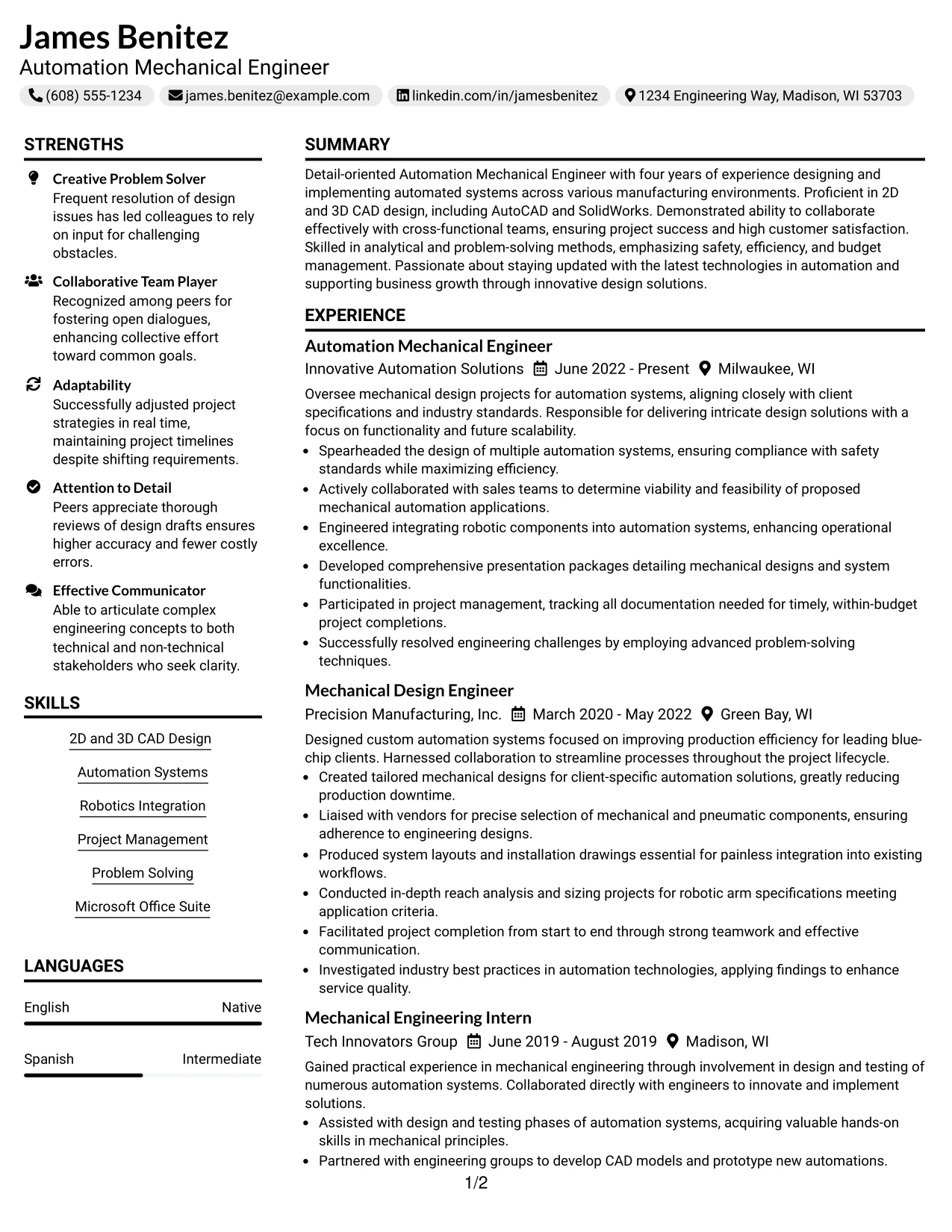 Resume Example Page 1
