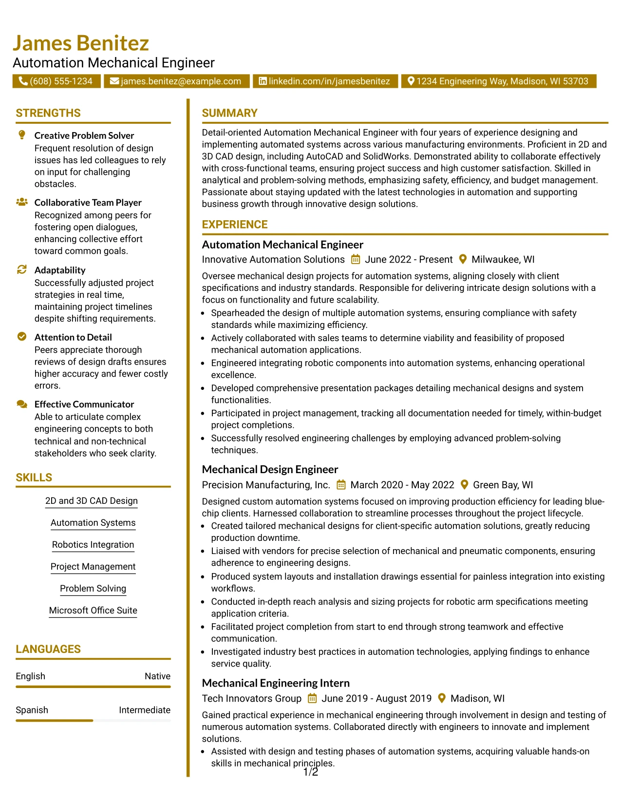 Resume Example Page 1