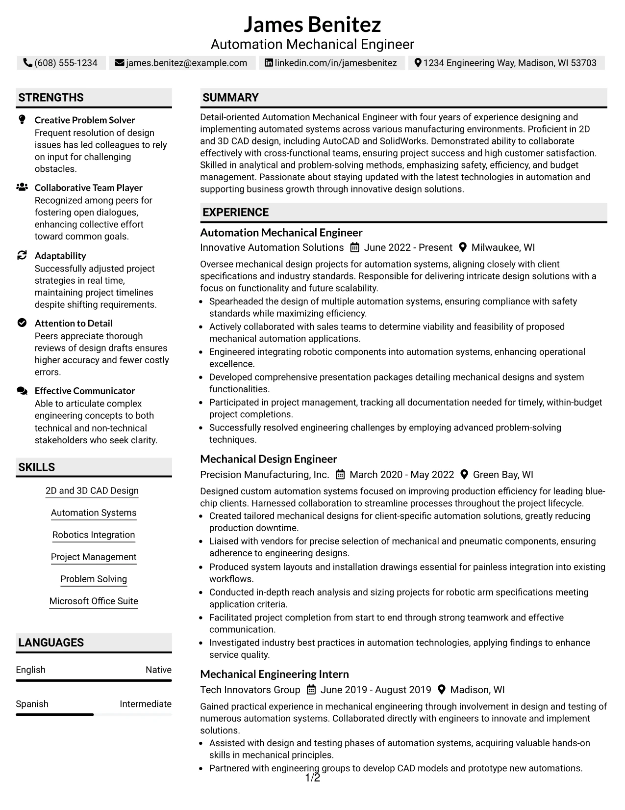 Resume Example Page 1