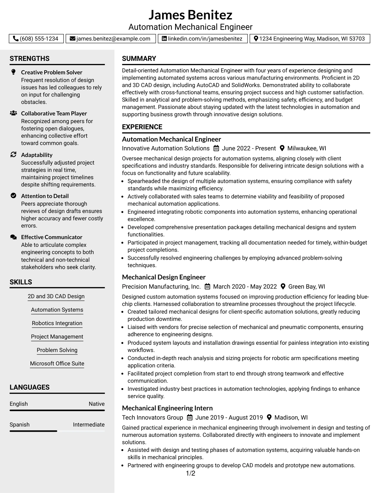 Resume Example Page 1