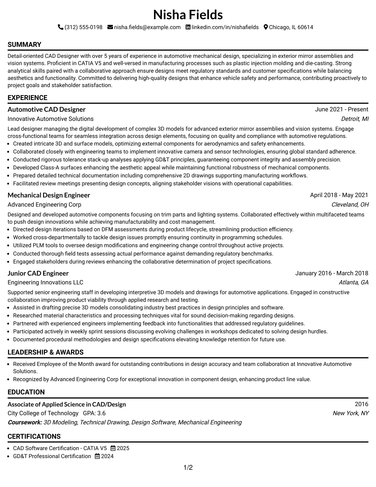 Resume Example Page 1