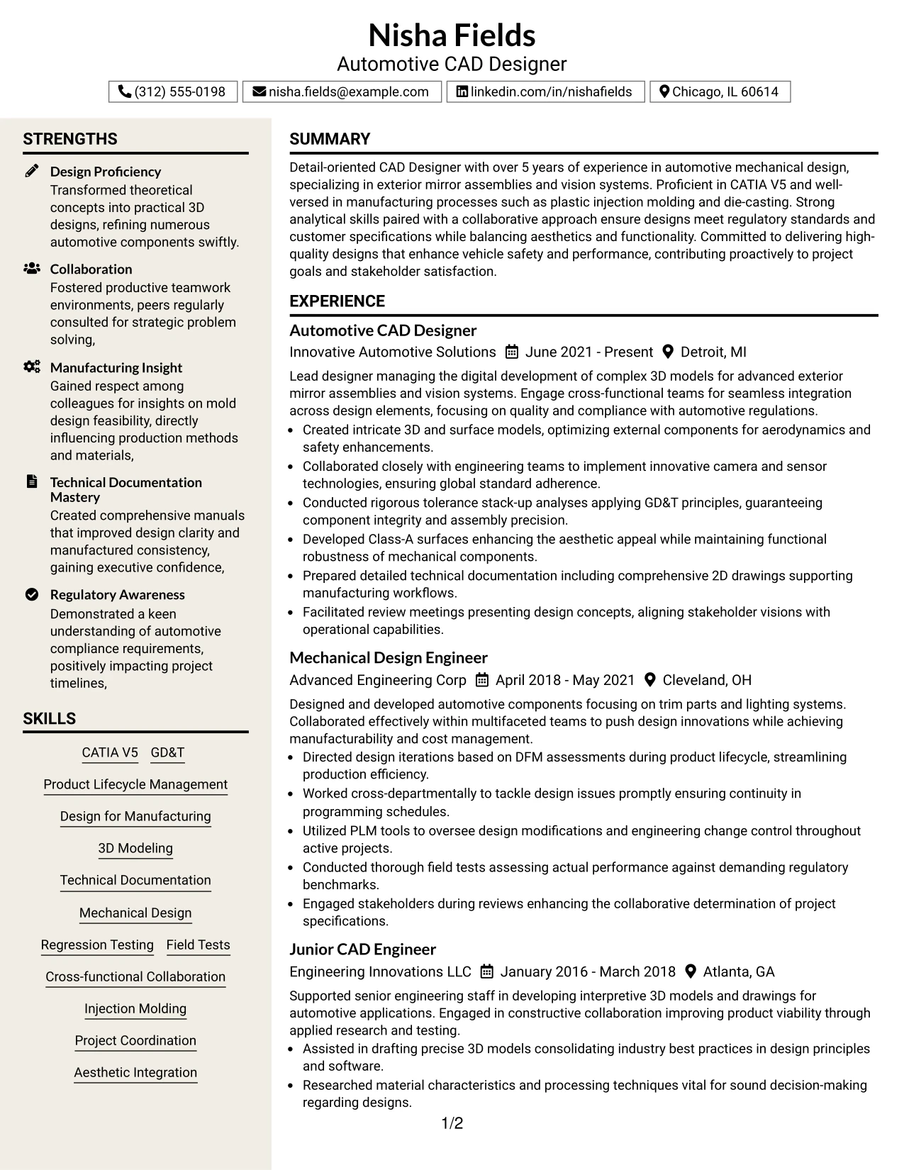 Resume Example Page 1