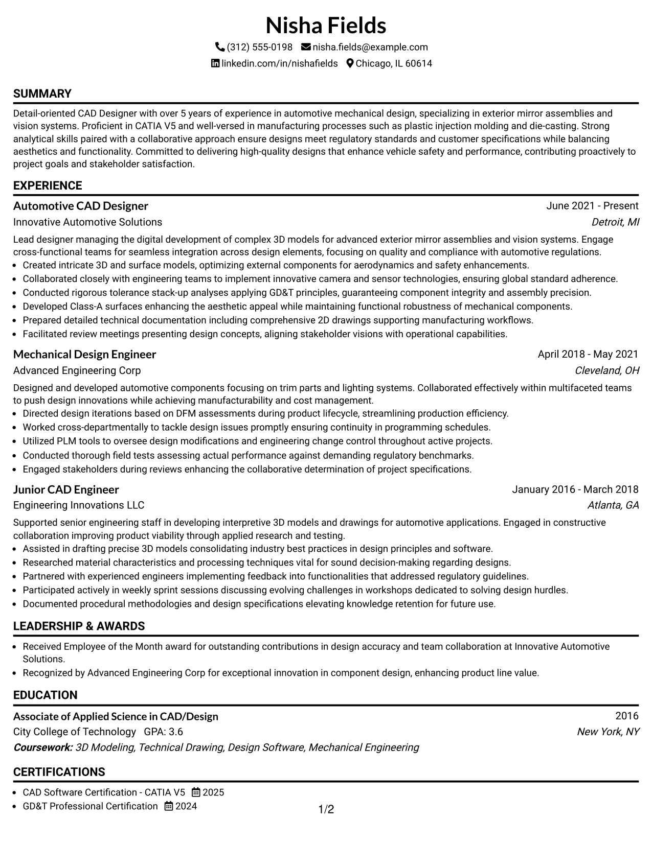 Resume Example Page 1
