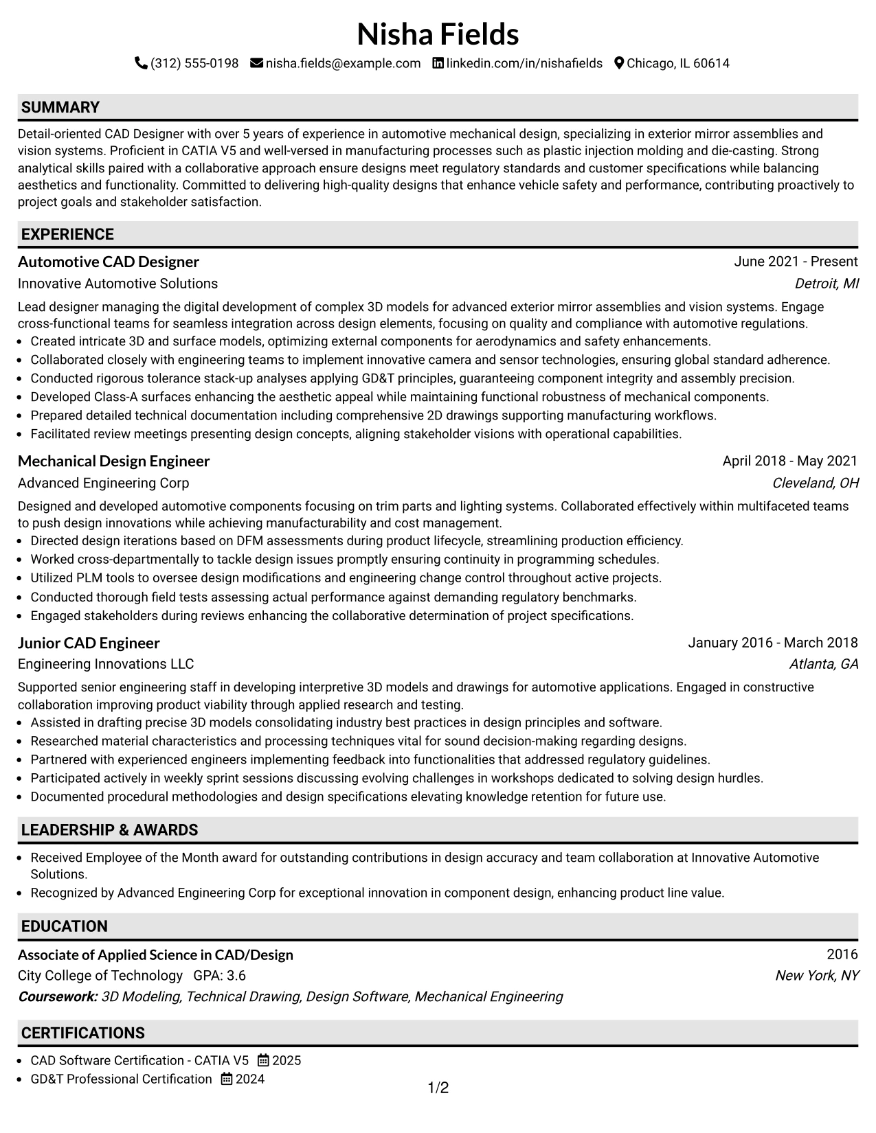 Resume Example Page 1