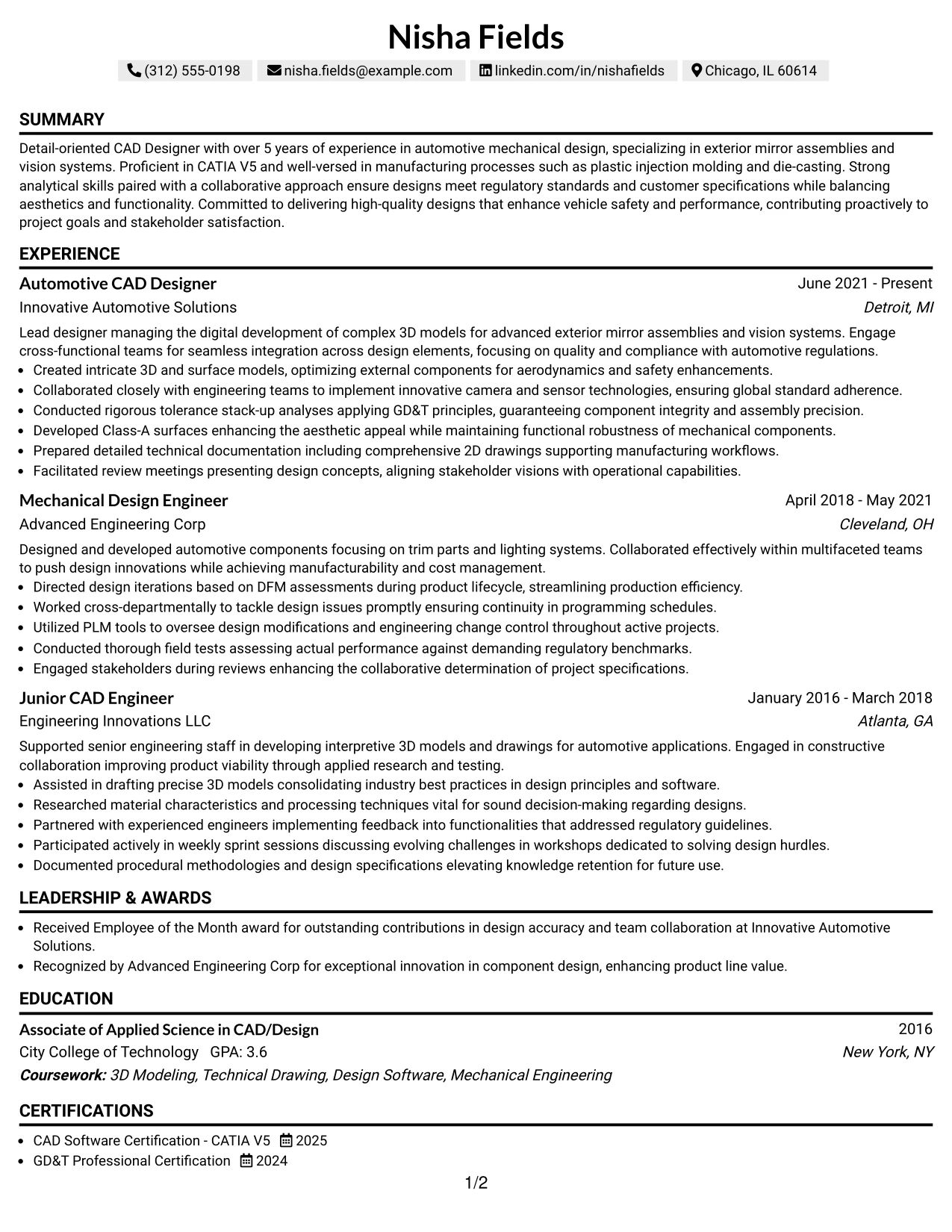 Resume Example Page 1