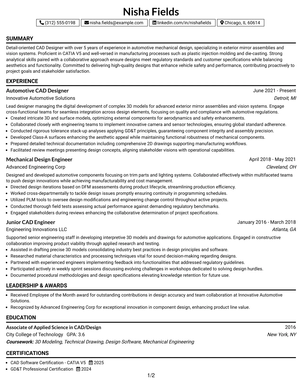 Resume Example Page 1
