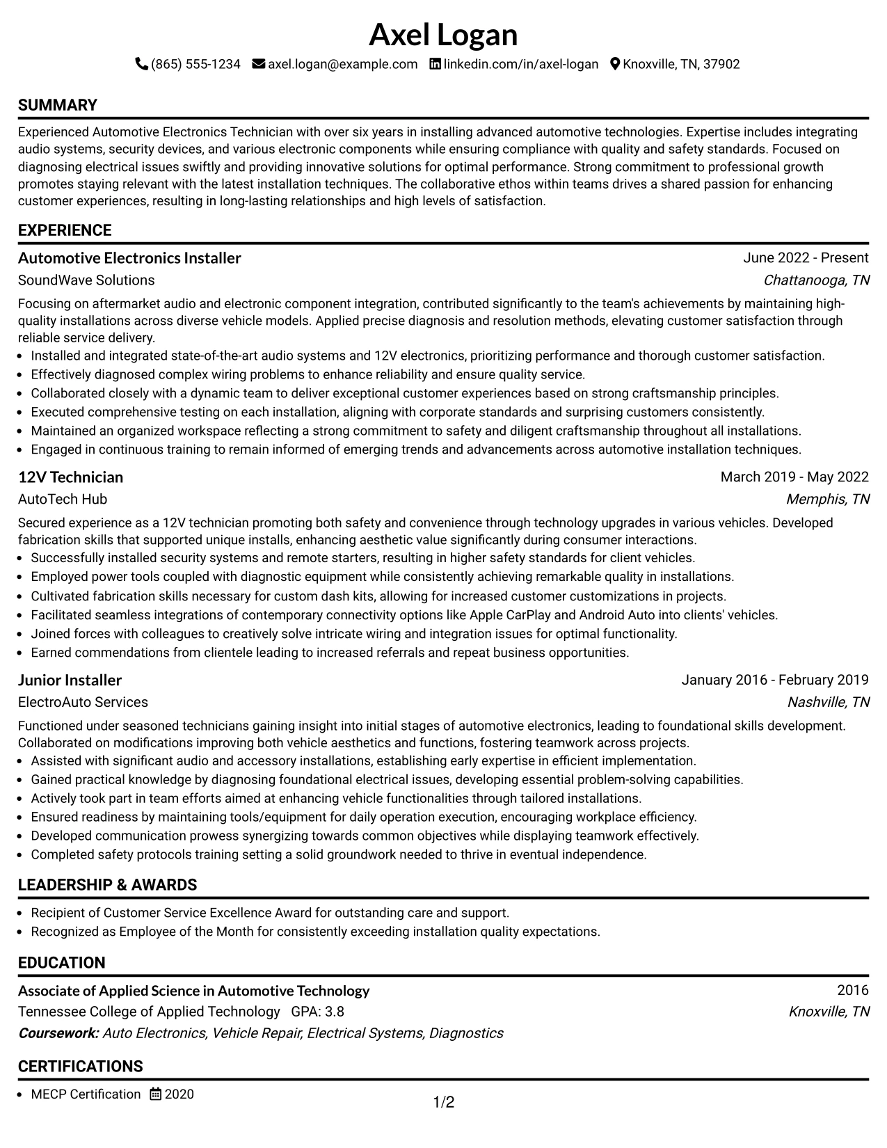 Resume Example Page 1