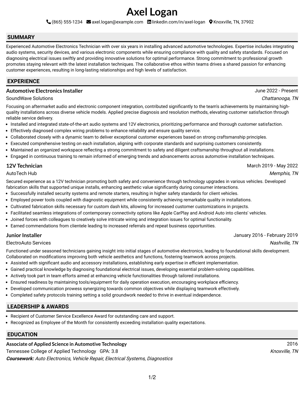 Resume Example Page 1